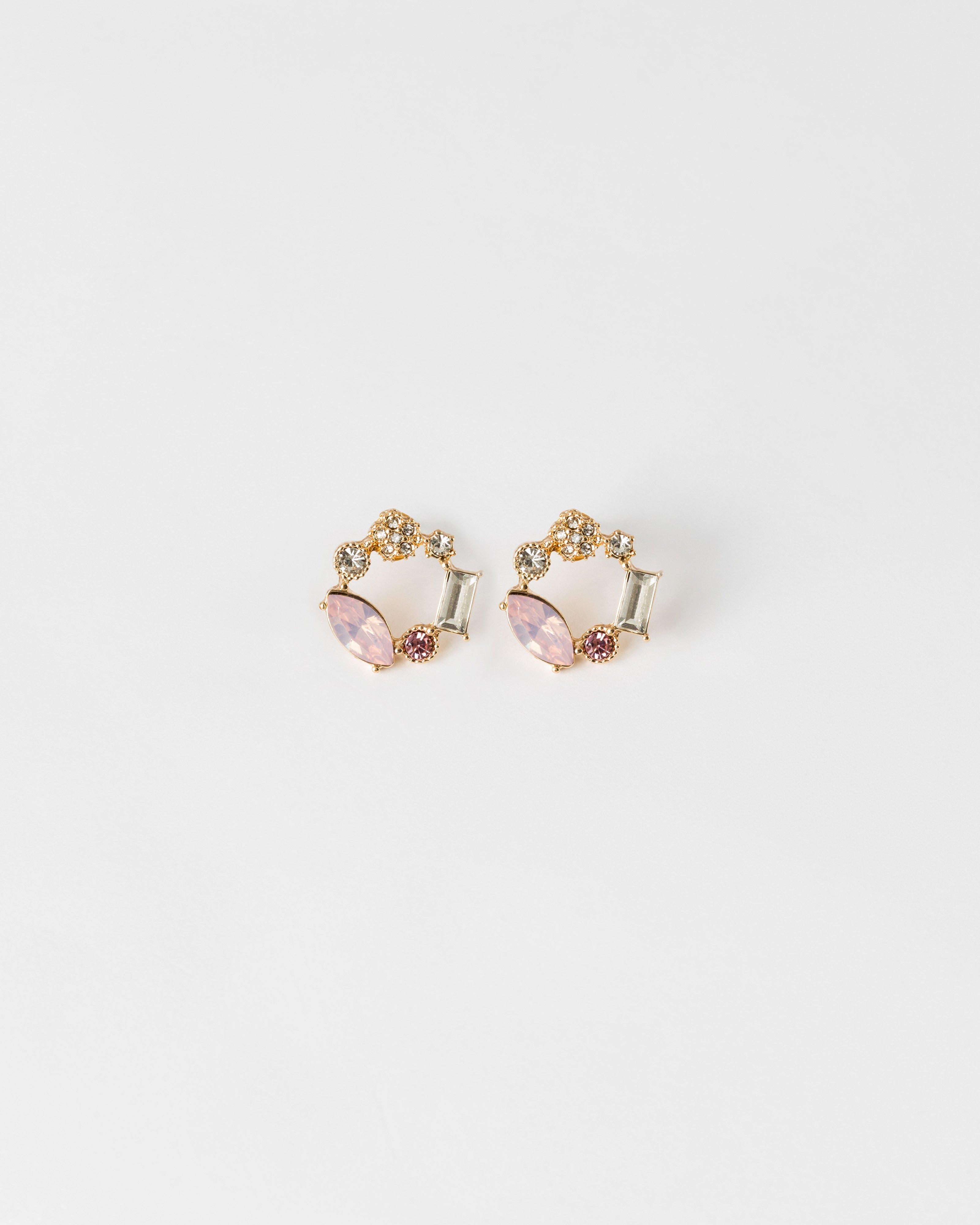 Halo Oval and Flower Stone Stud Earring -  Pink