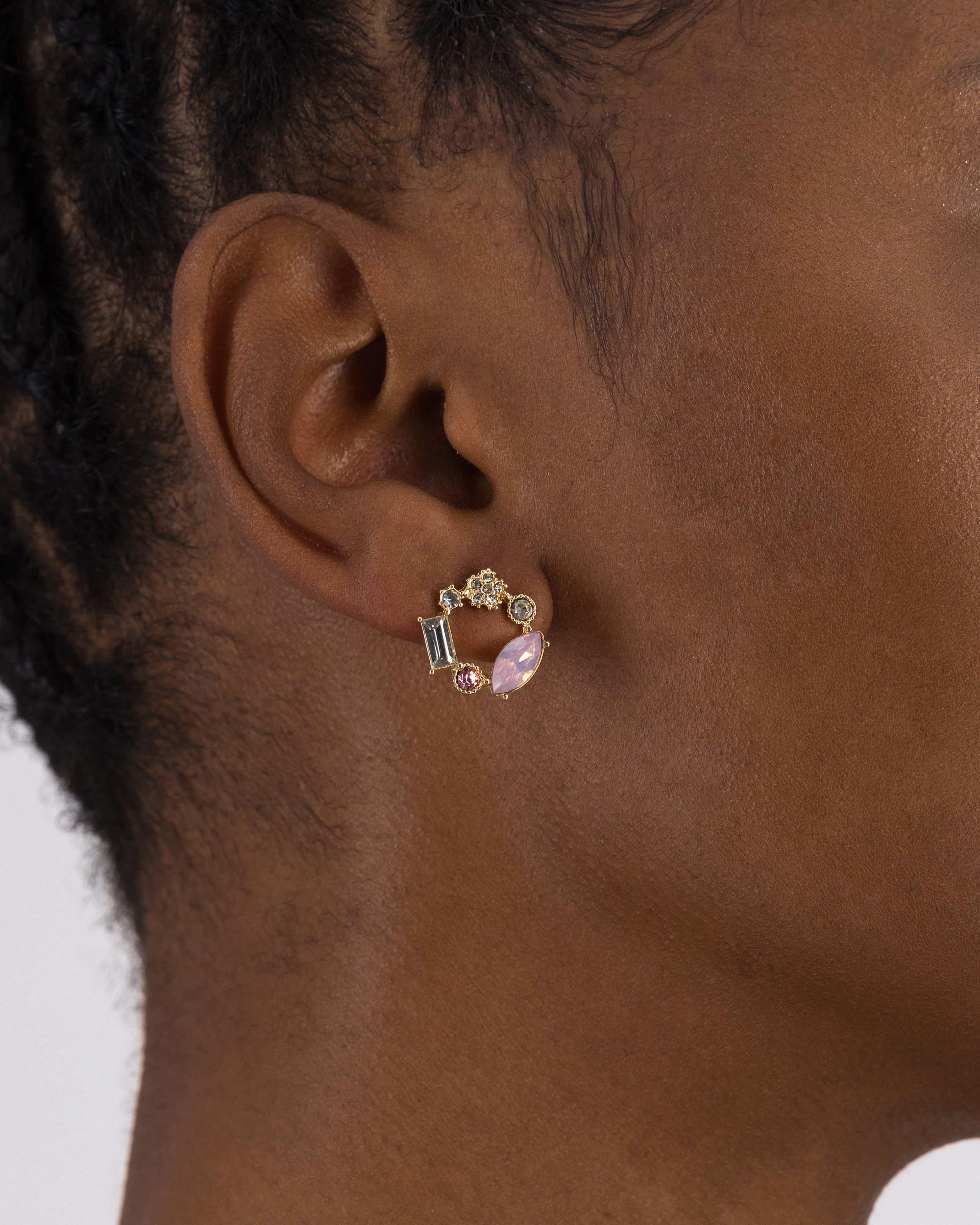 Halo Oval and Flower Stone Stud Earring -  Pink