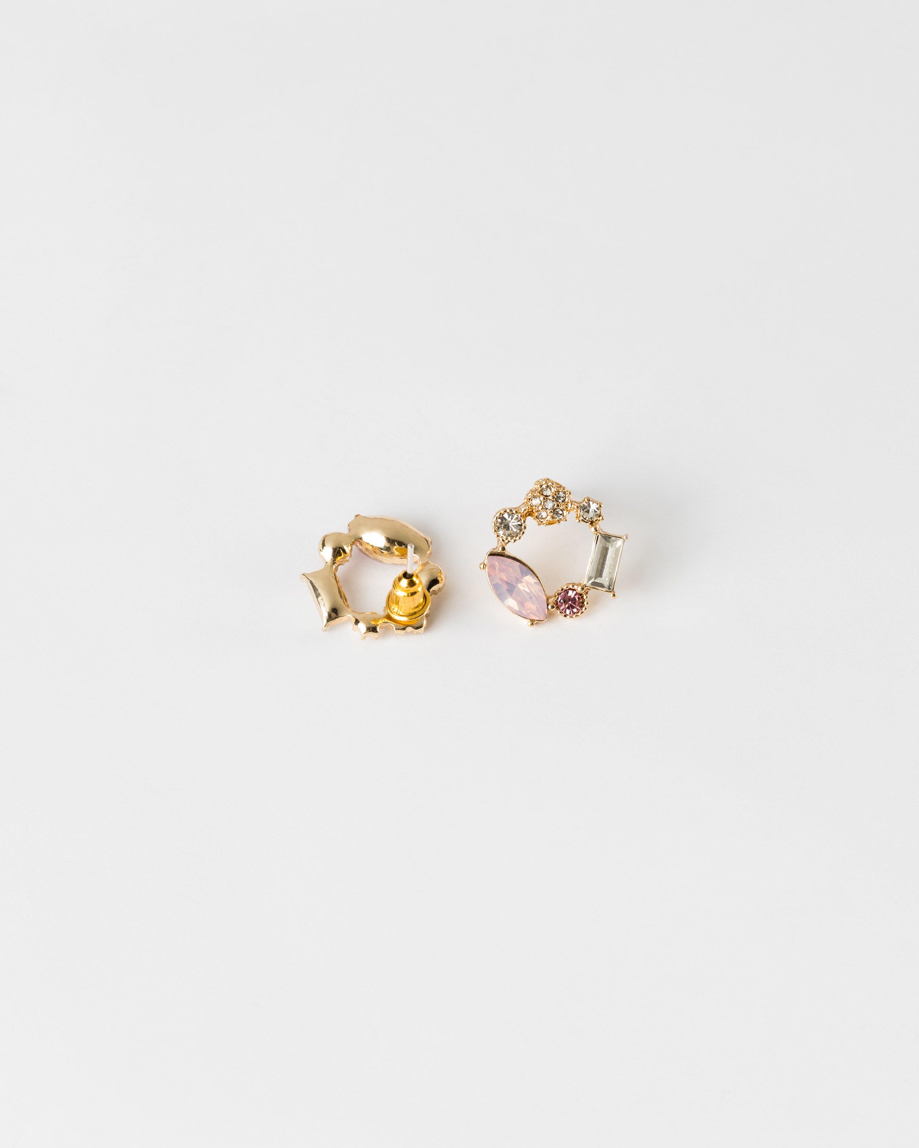 Halo Oval and Flower Stone Stud Earring -  Pink