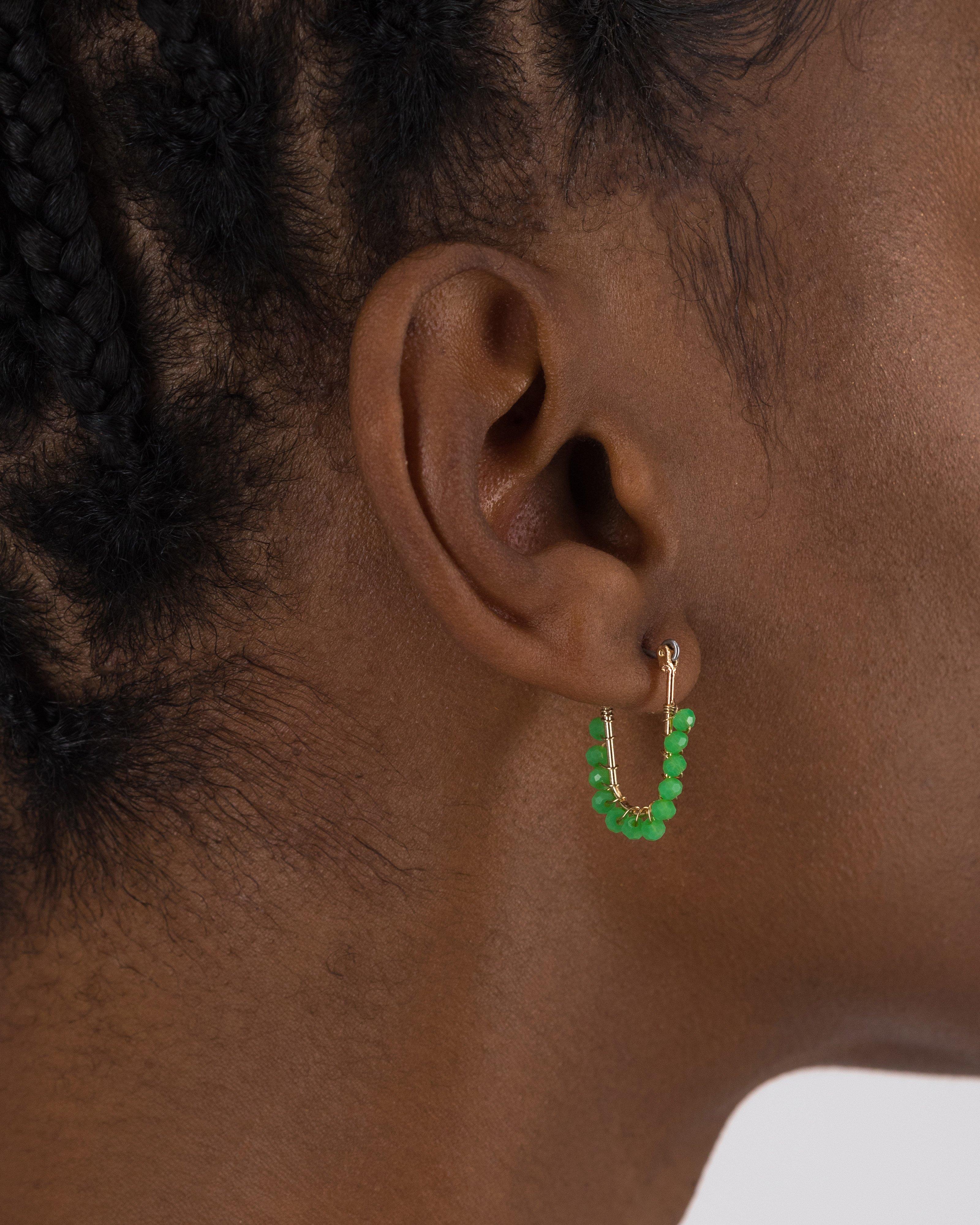 Oval Beaded Mini Hoop Earrings -  Green