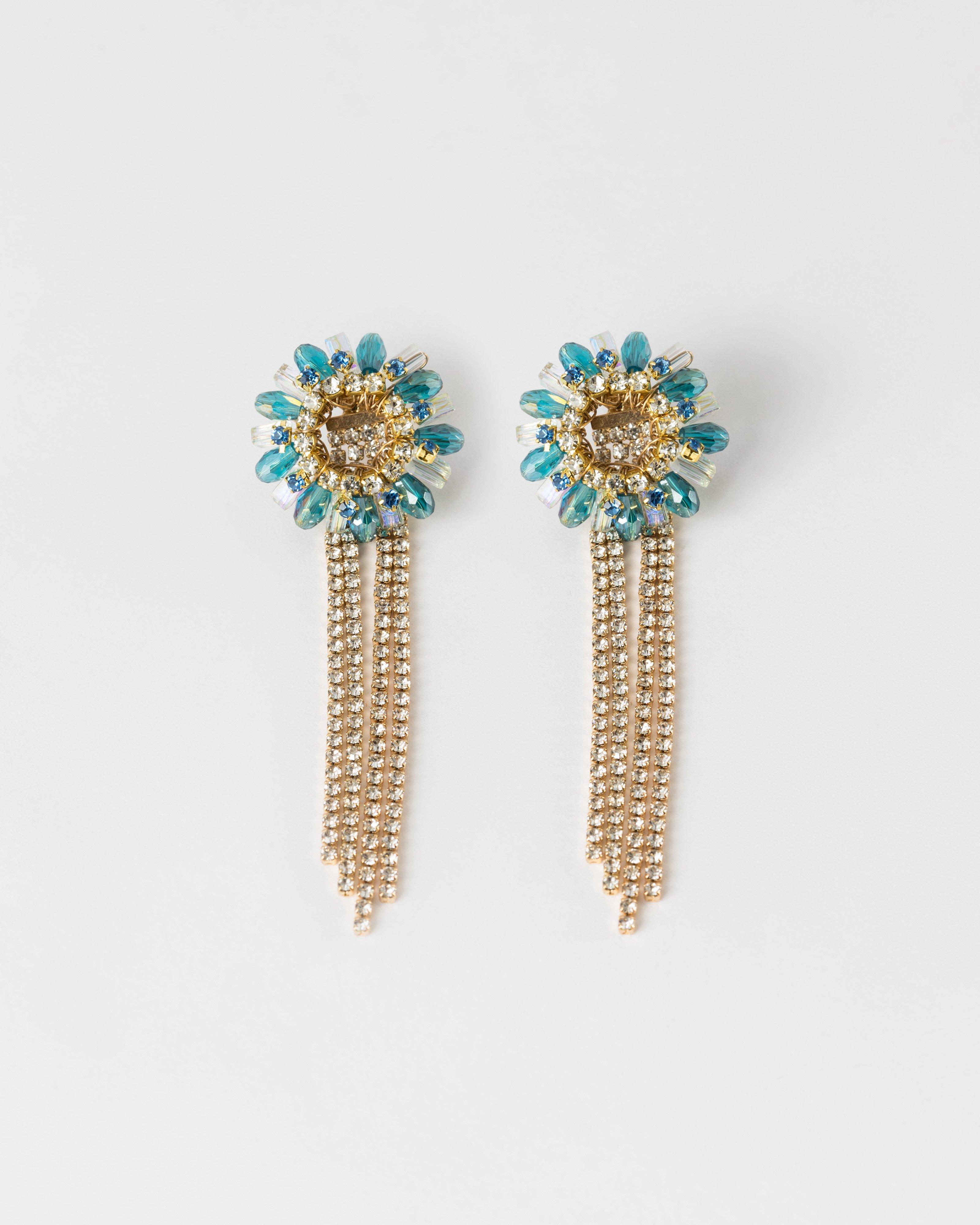 Circular Stone and Beaded Waterfall Peekaboo Earrings -  Teal