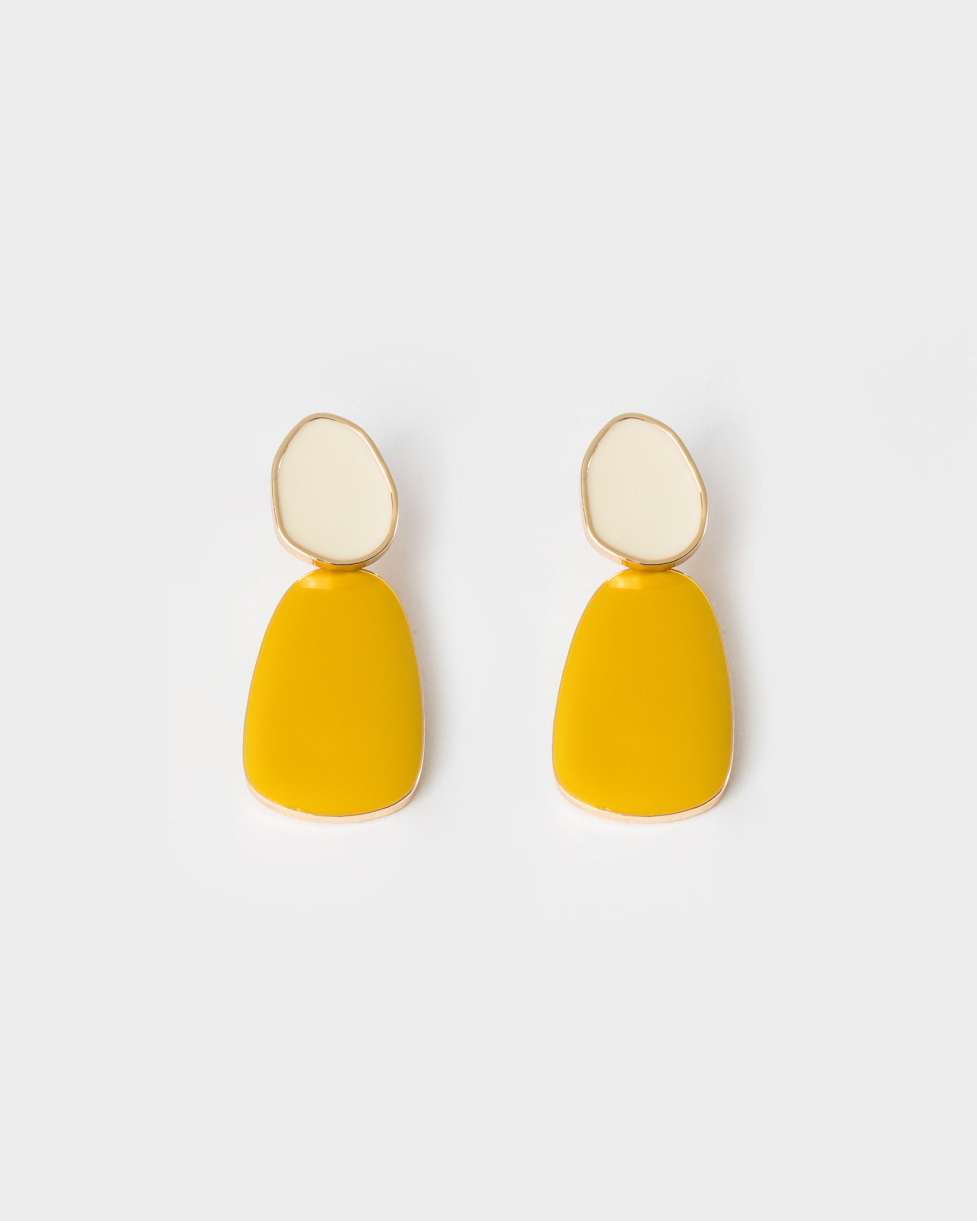 Enamel Two Tone Double Drop Earrings -  Yellow