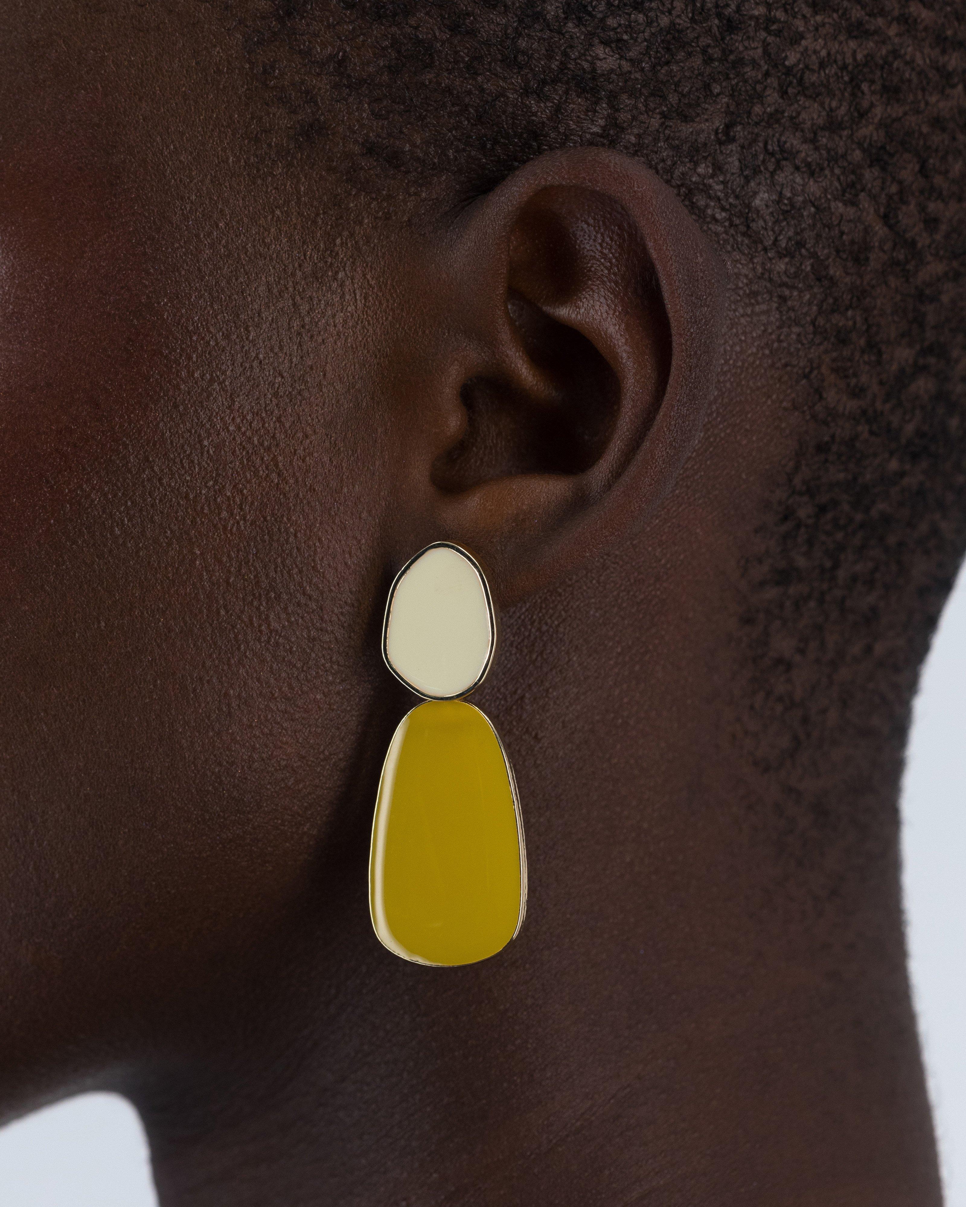 Enamel Two Tone Double Drop Earrings -  Yellow