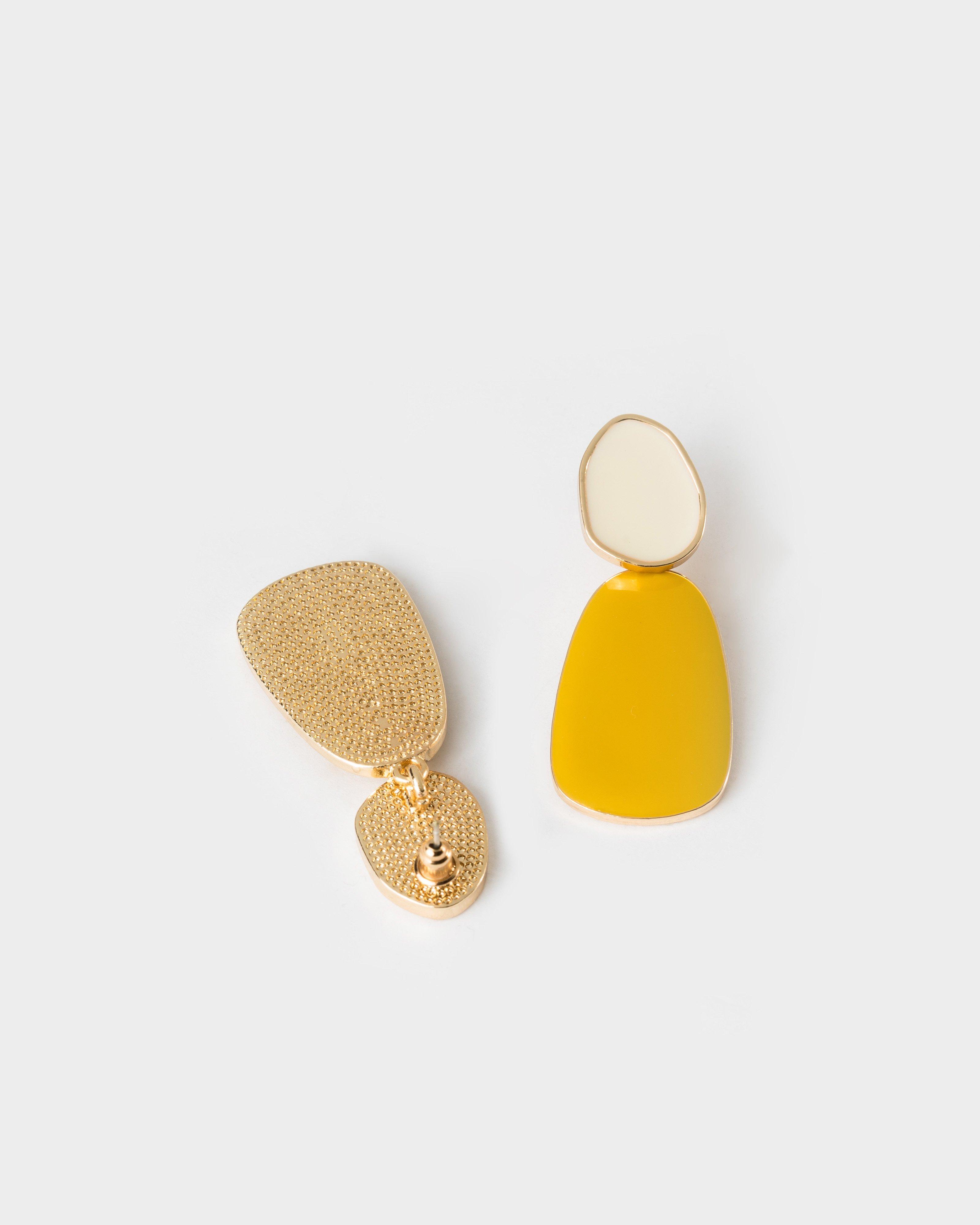 Enamel Two Tone Double Drop Earrings -  Yellow