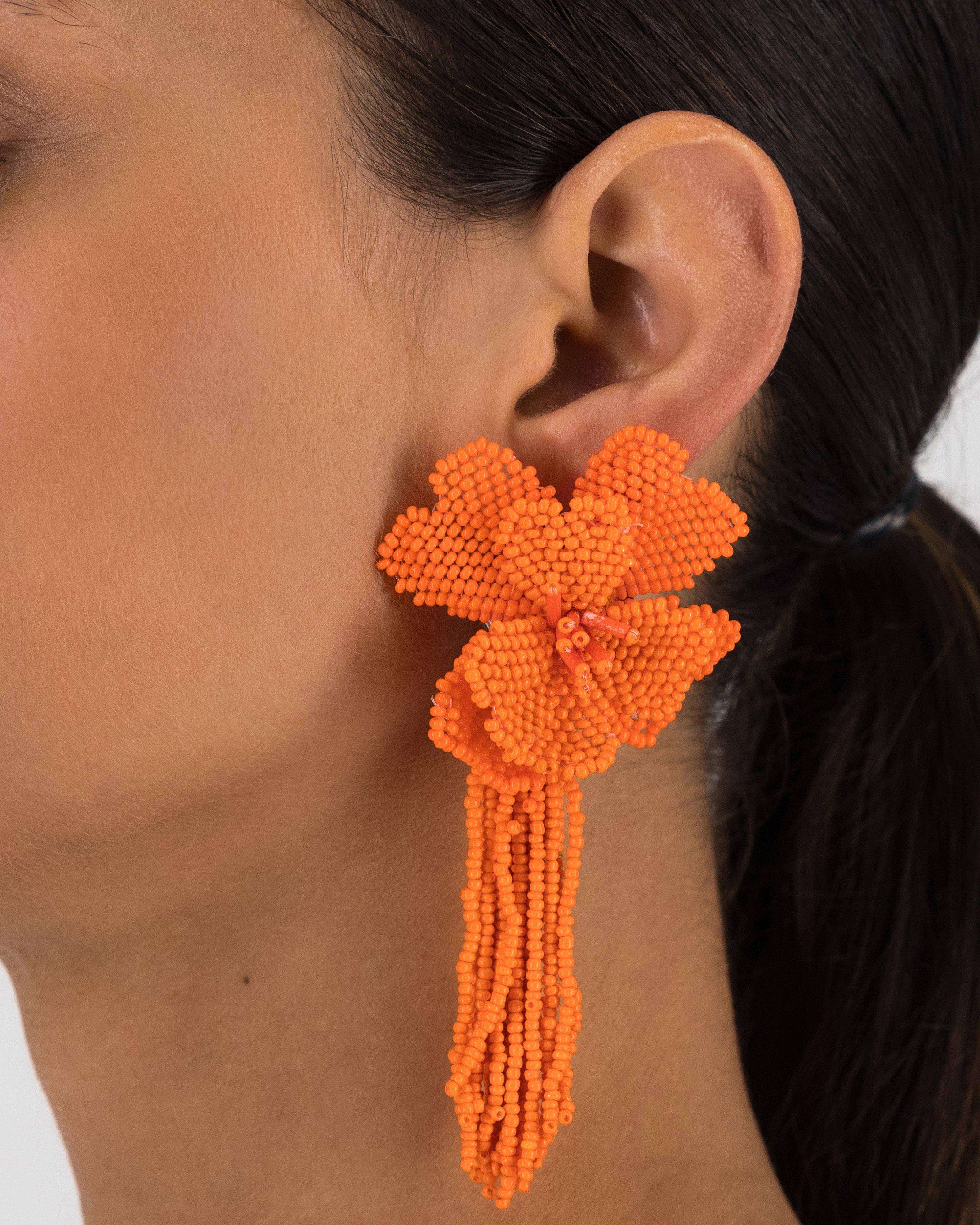 Beaded Flower and Tassel Drop Earrings -  Orange