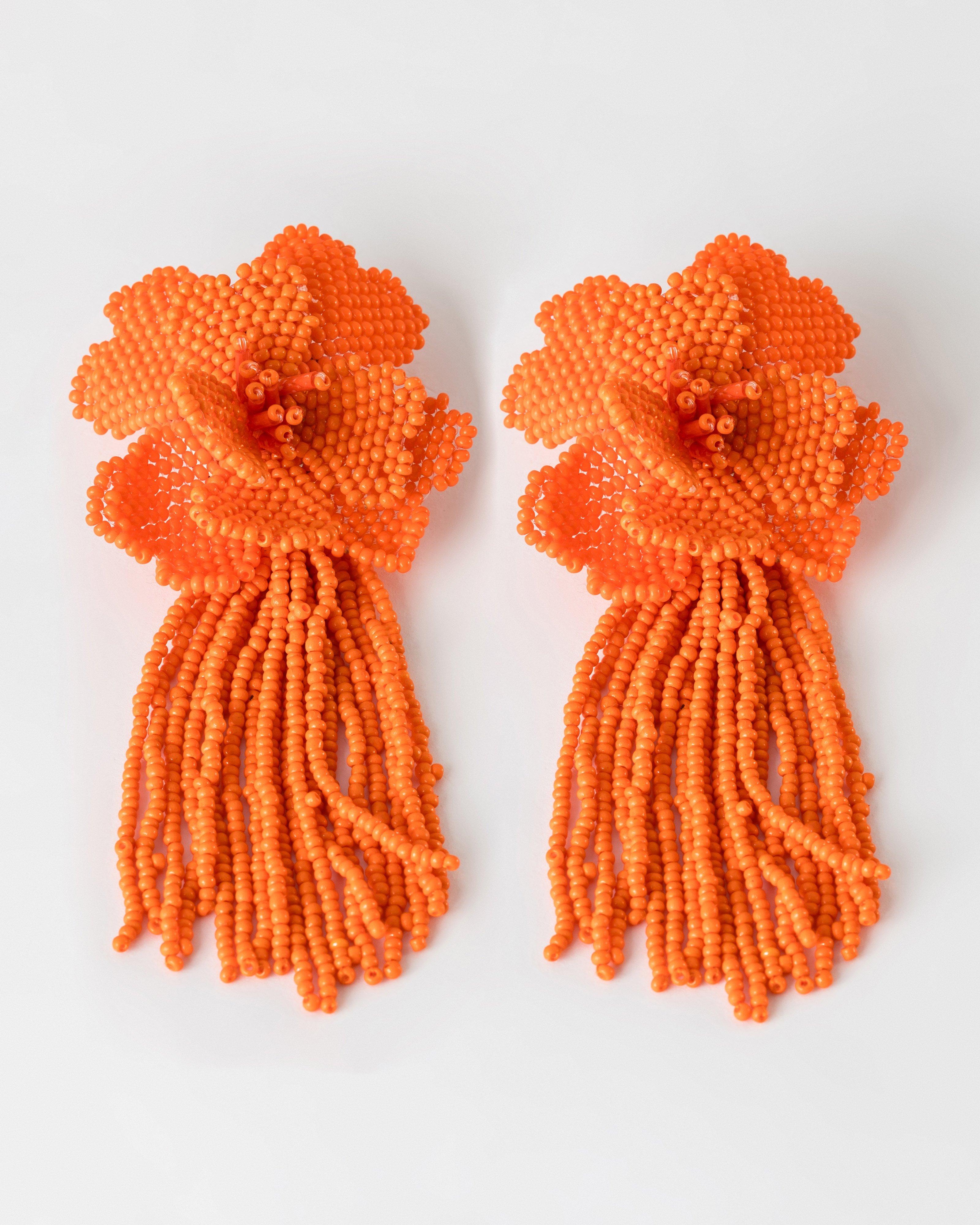 Beaded Flower and Tassel Drop Earrings -  Orange