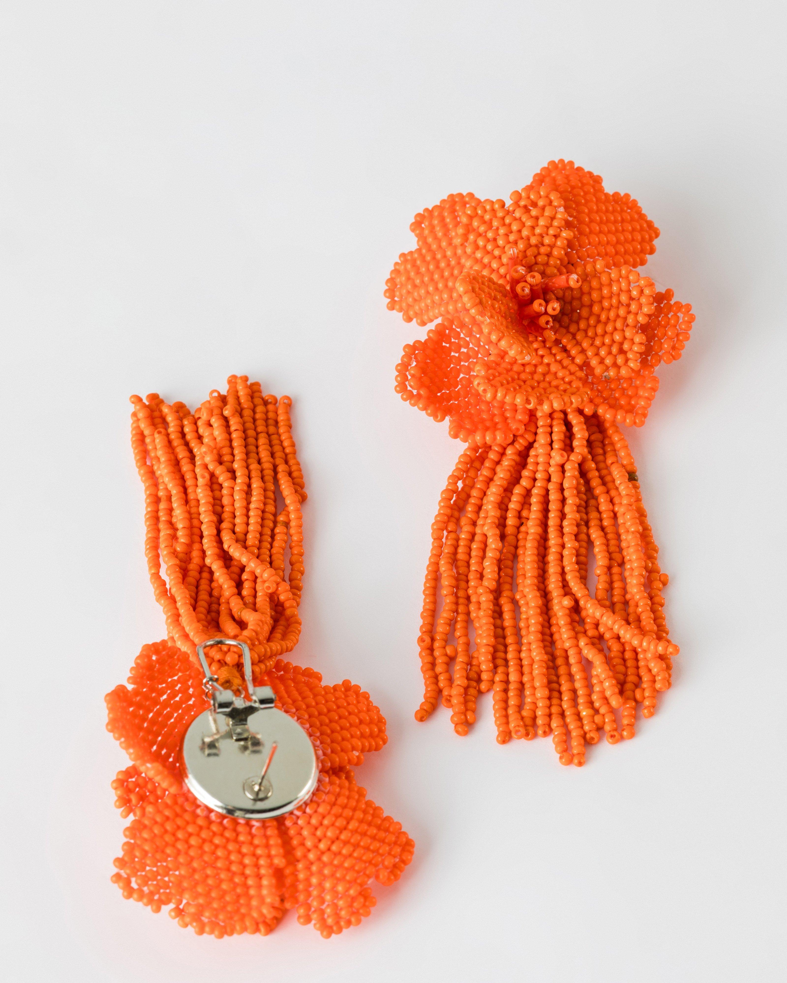 Beaded Flower and Tassel Drop Earrings -  Orange