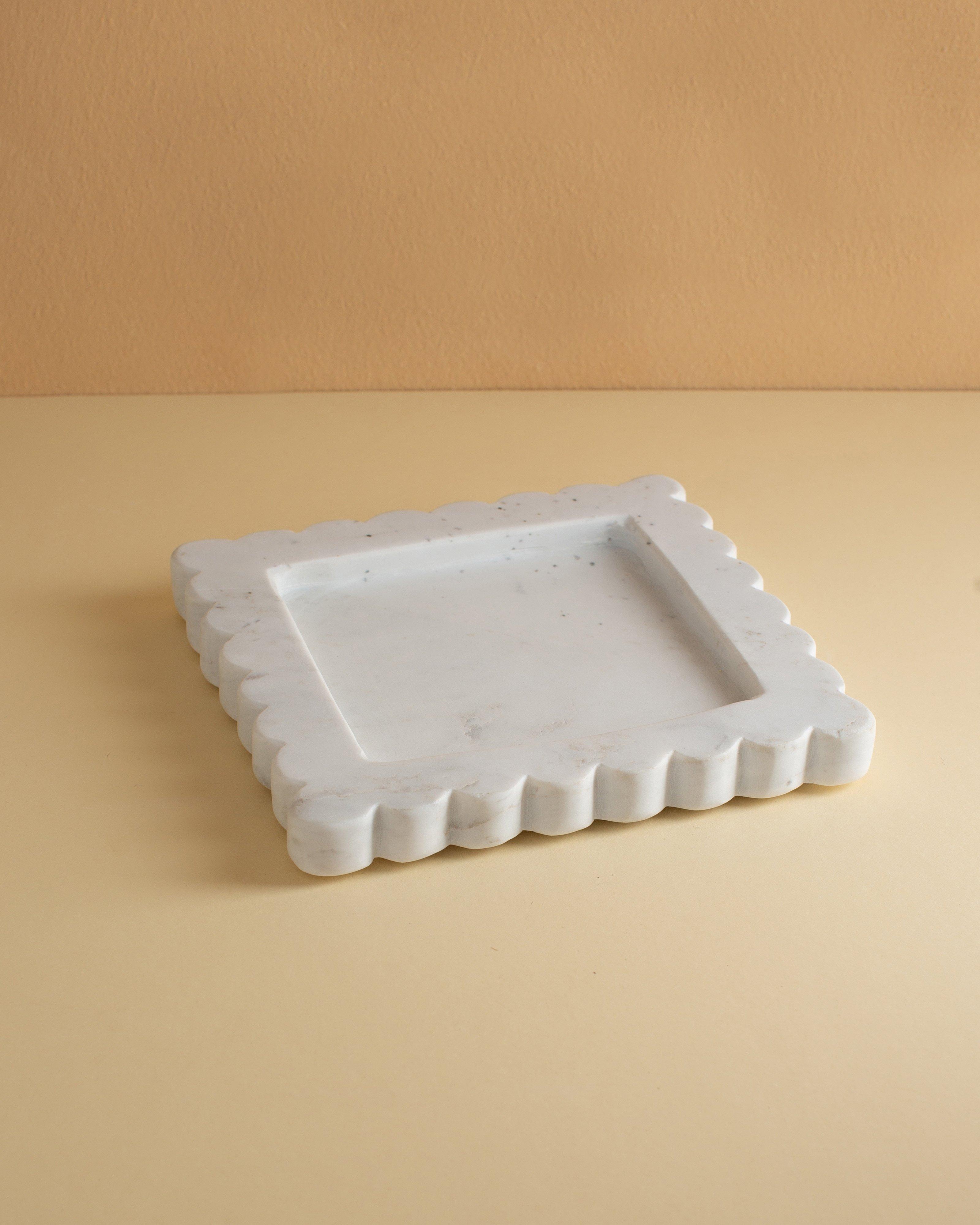 Square Scallop Marble Tray -  White