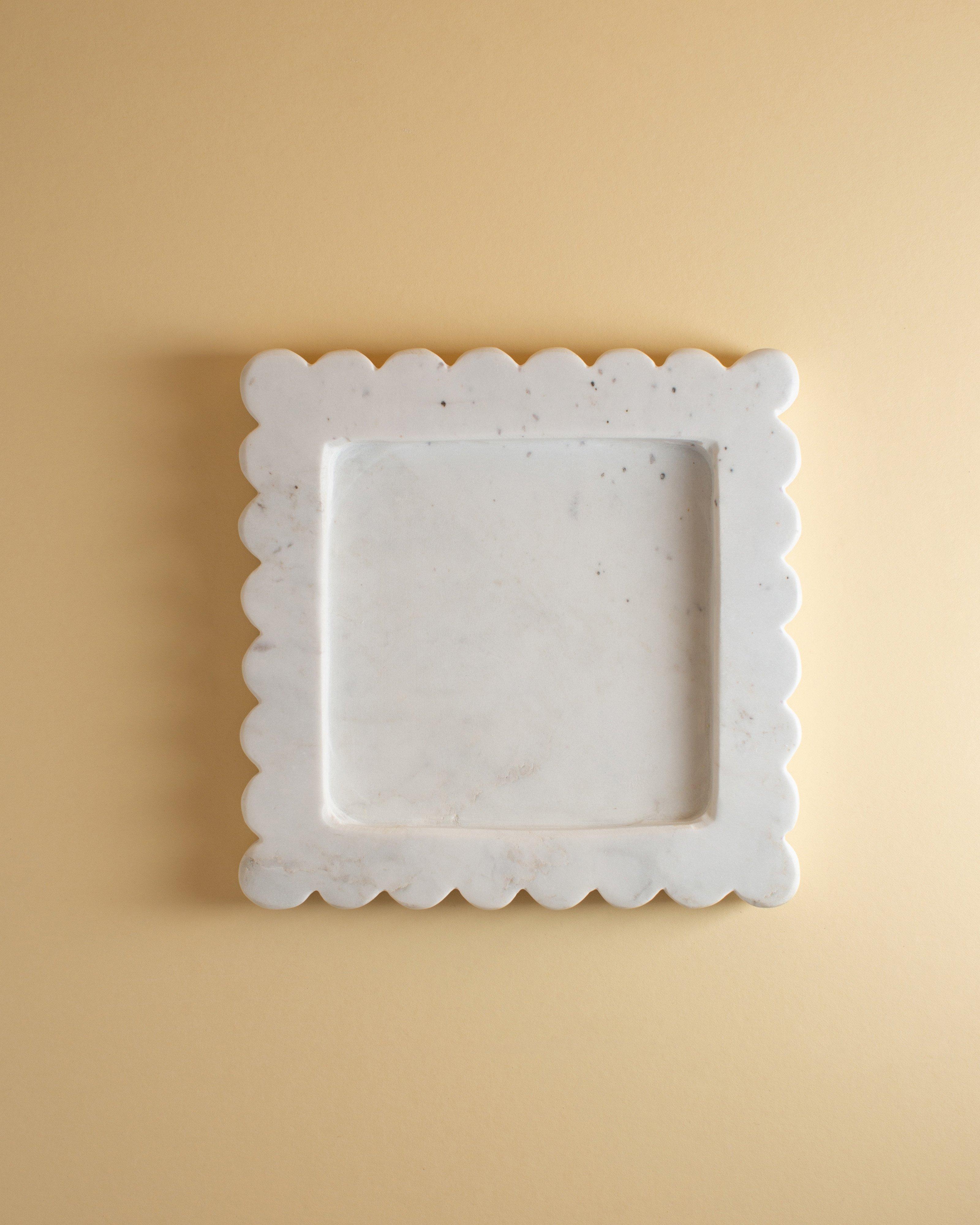 Square Scallop Marble Tray -  White