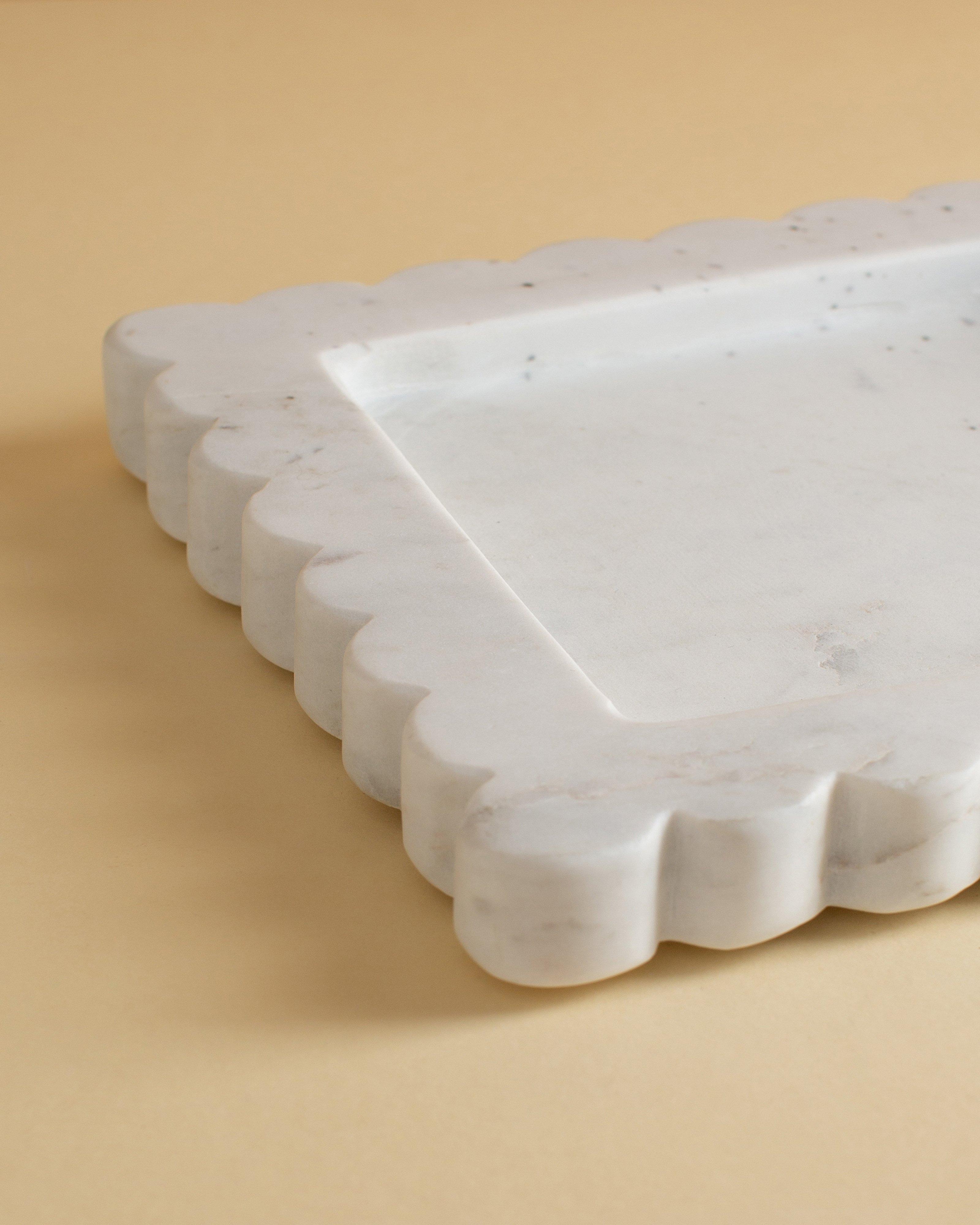 Square Scallop Marble Tray -  White