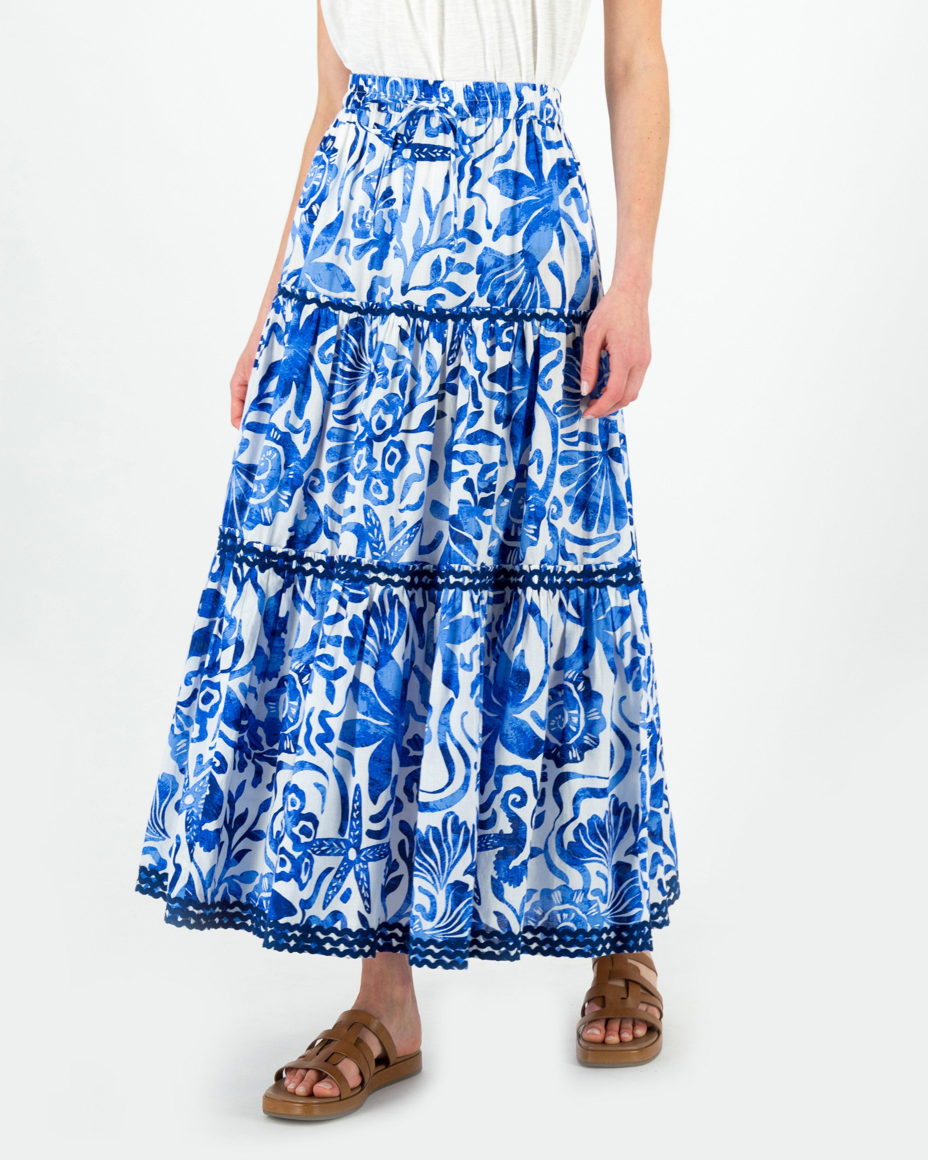 Bean Printed Tiered Skirt -  Blue