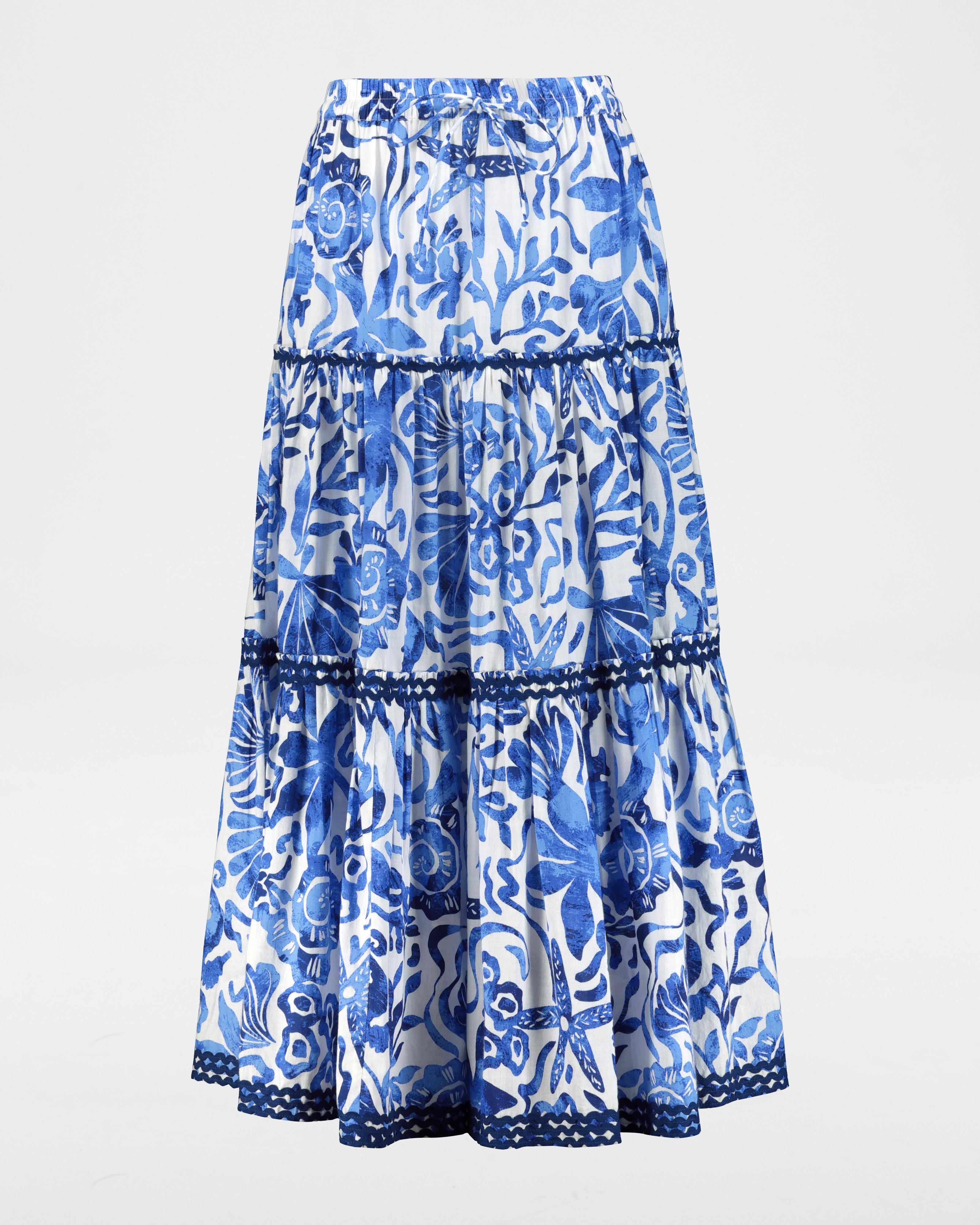 Bean Printed Tiered Skirt -  Blue