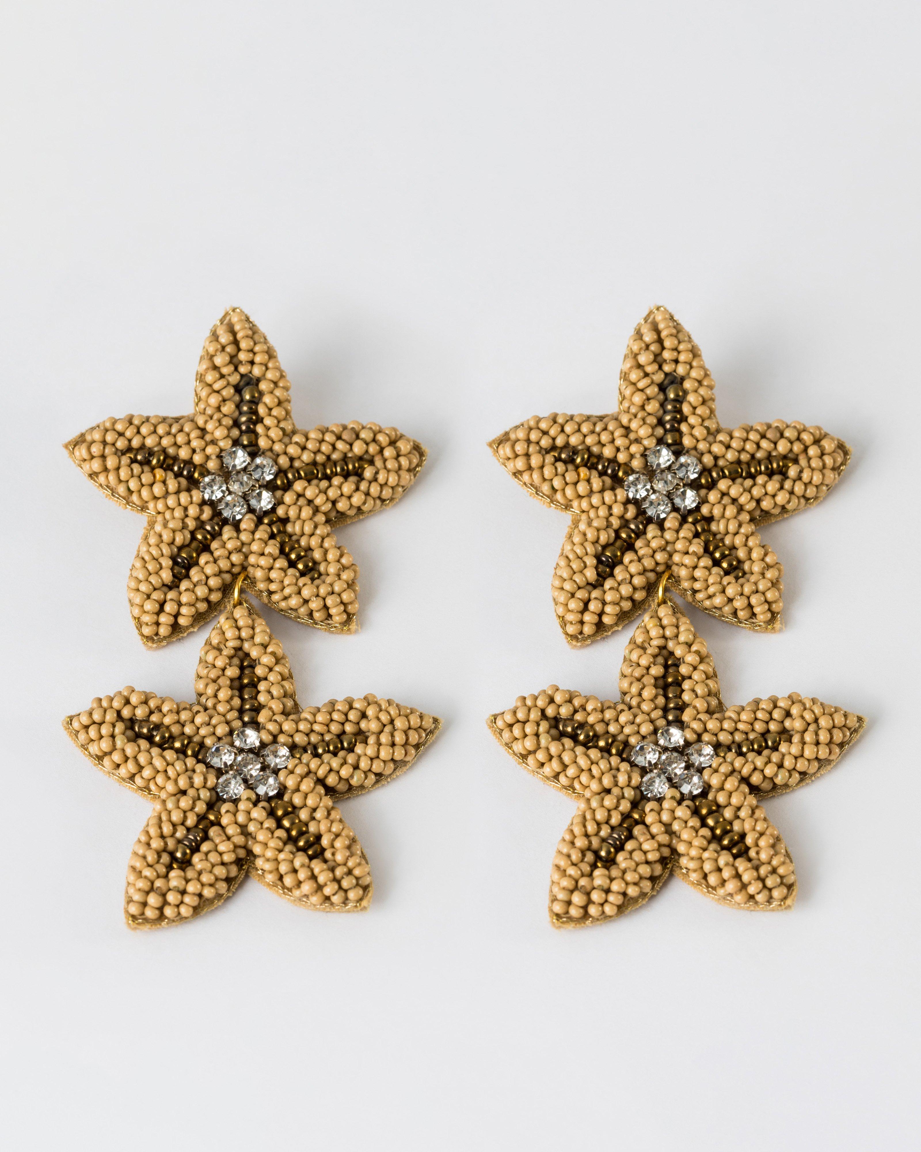 Beaded Starfish Drop Earrings -  Oatmeal