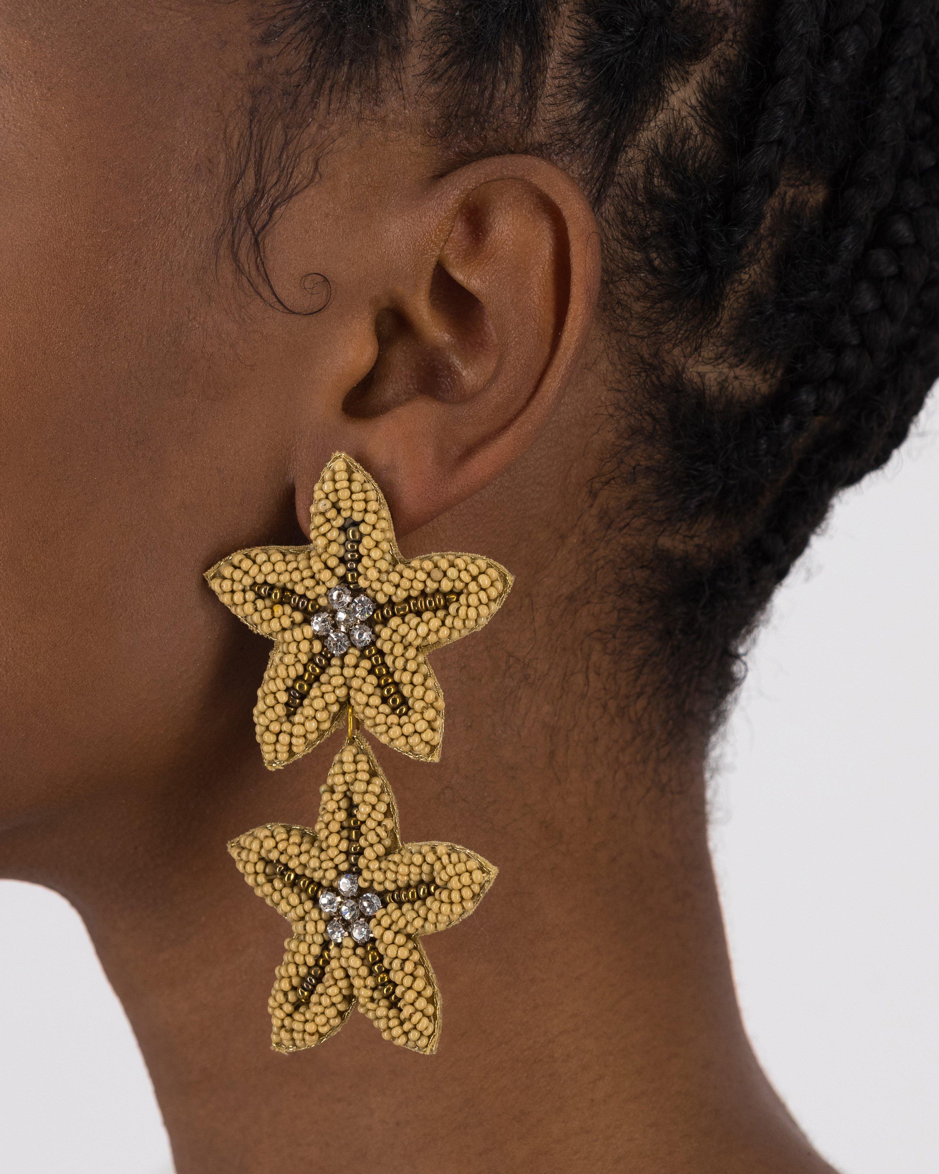 Beaded Starfish Drop Earrings -  Oatmeal