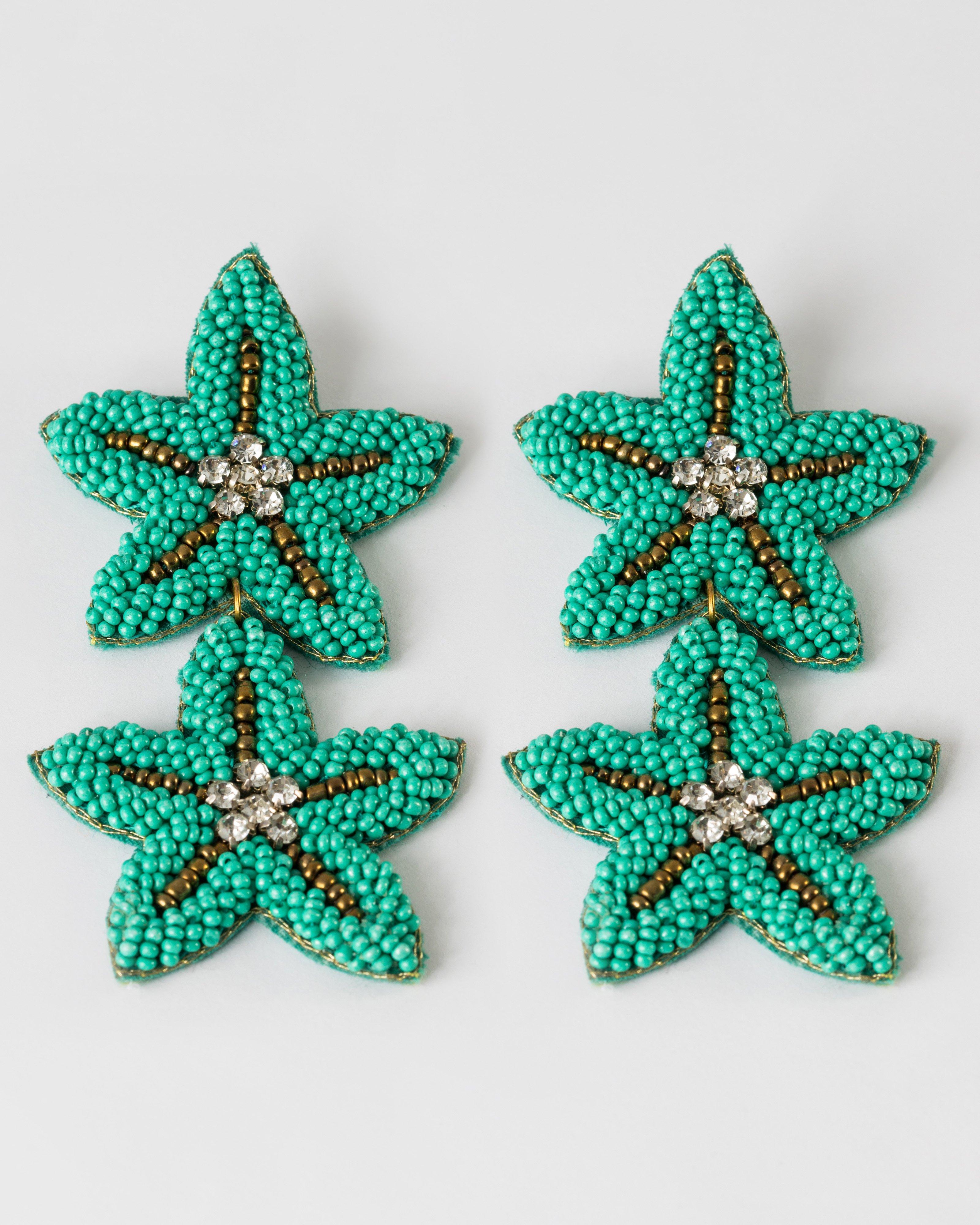 Beaded Starfish Drop Earrings -  Turquoise