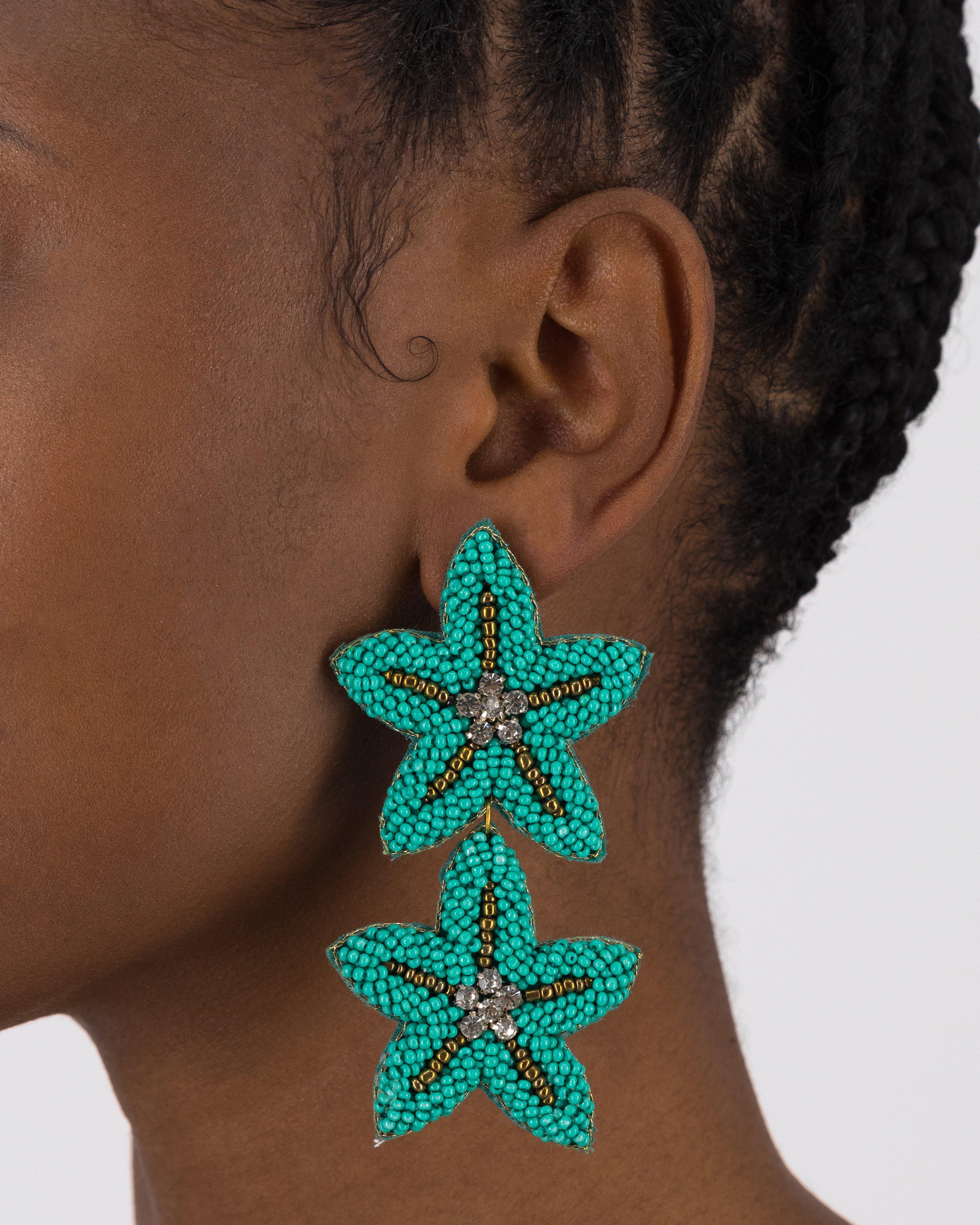 Beaded Starfish Drop Earrings -  Turquoise