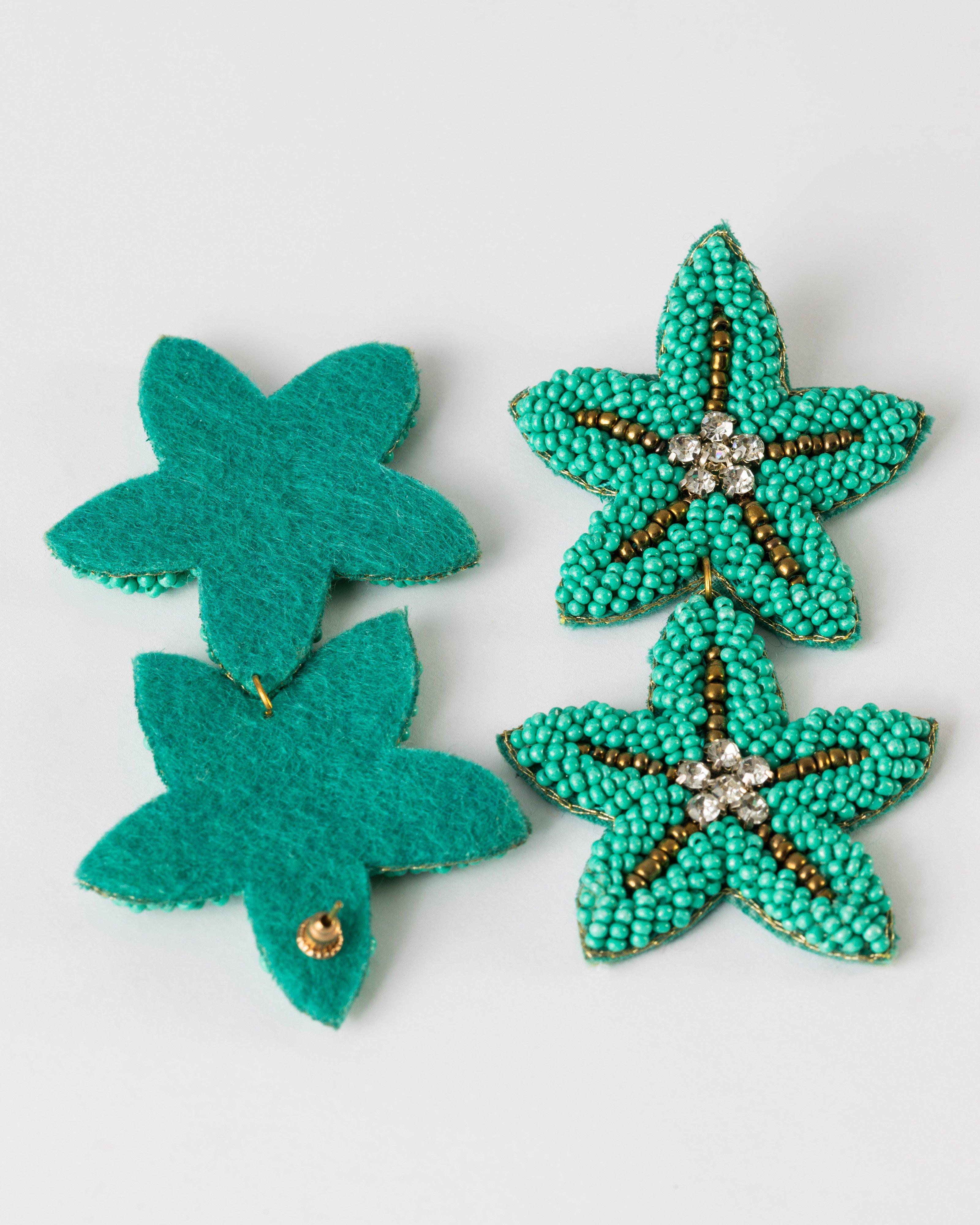 Beaded Starfish Drop Earrings -  Turquoise