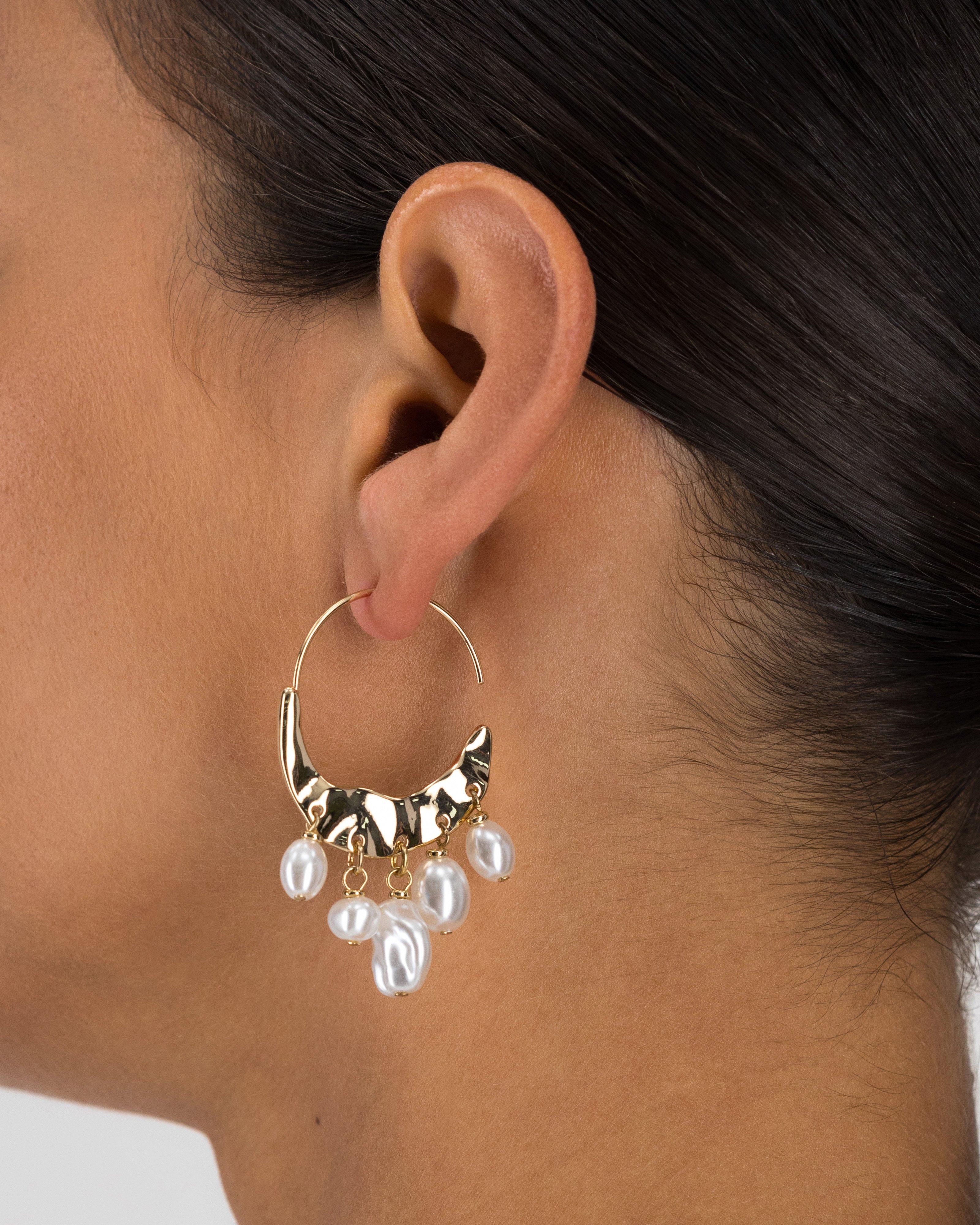 Organic C-Shaped Hoop with Dangly Pearl Earrings -  Assorted