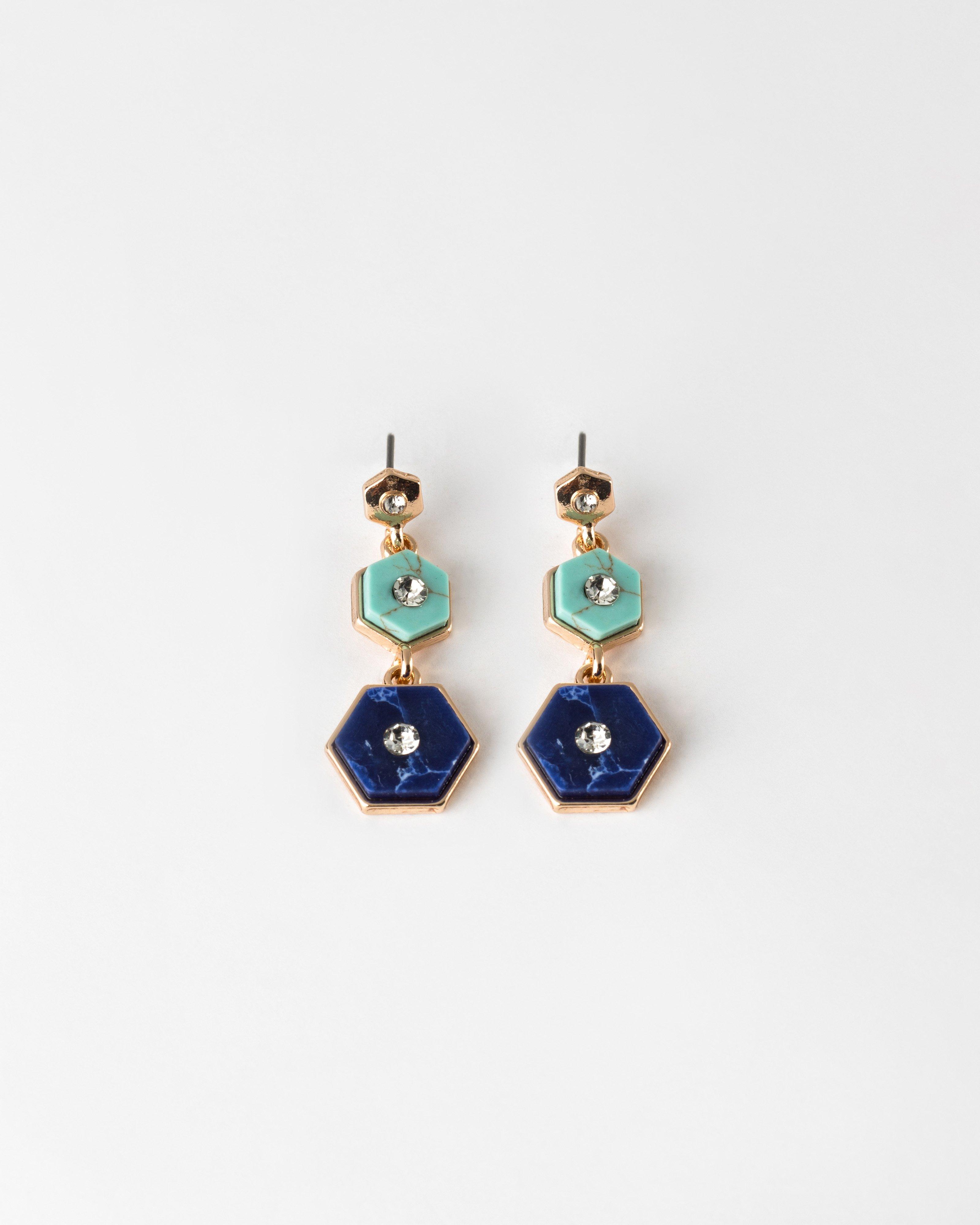 Triple Hexagon Stone Drop Earrings -  Blue