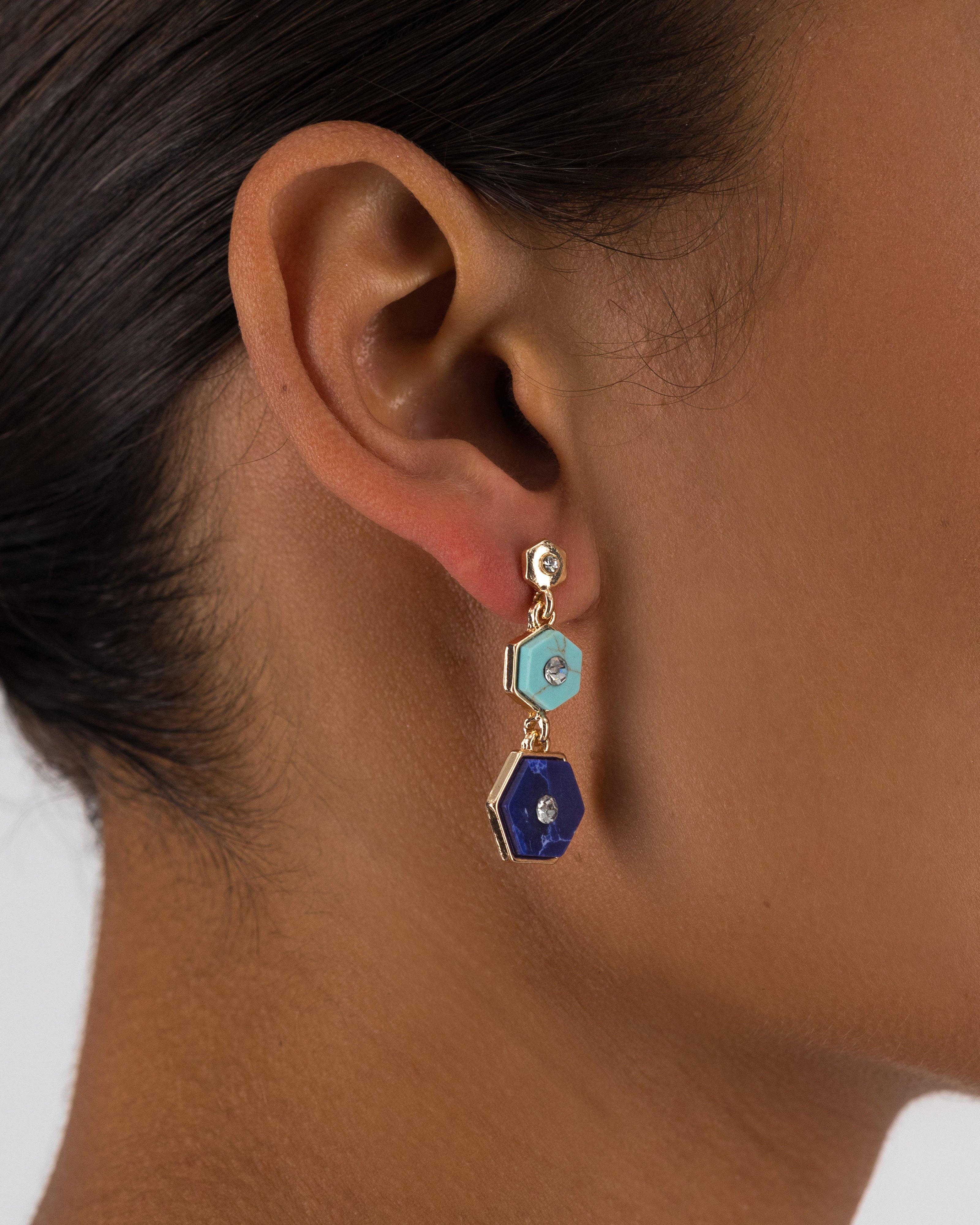 Triple Hexagon Stone Drop Earrings -  Blue