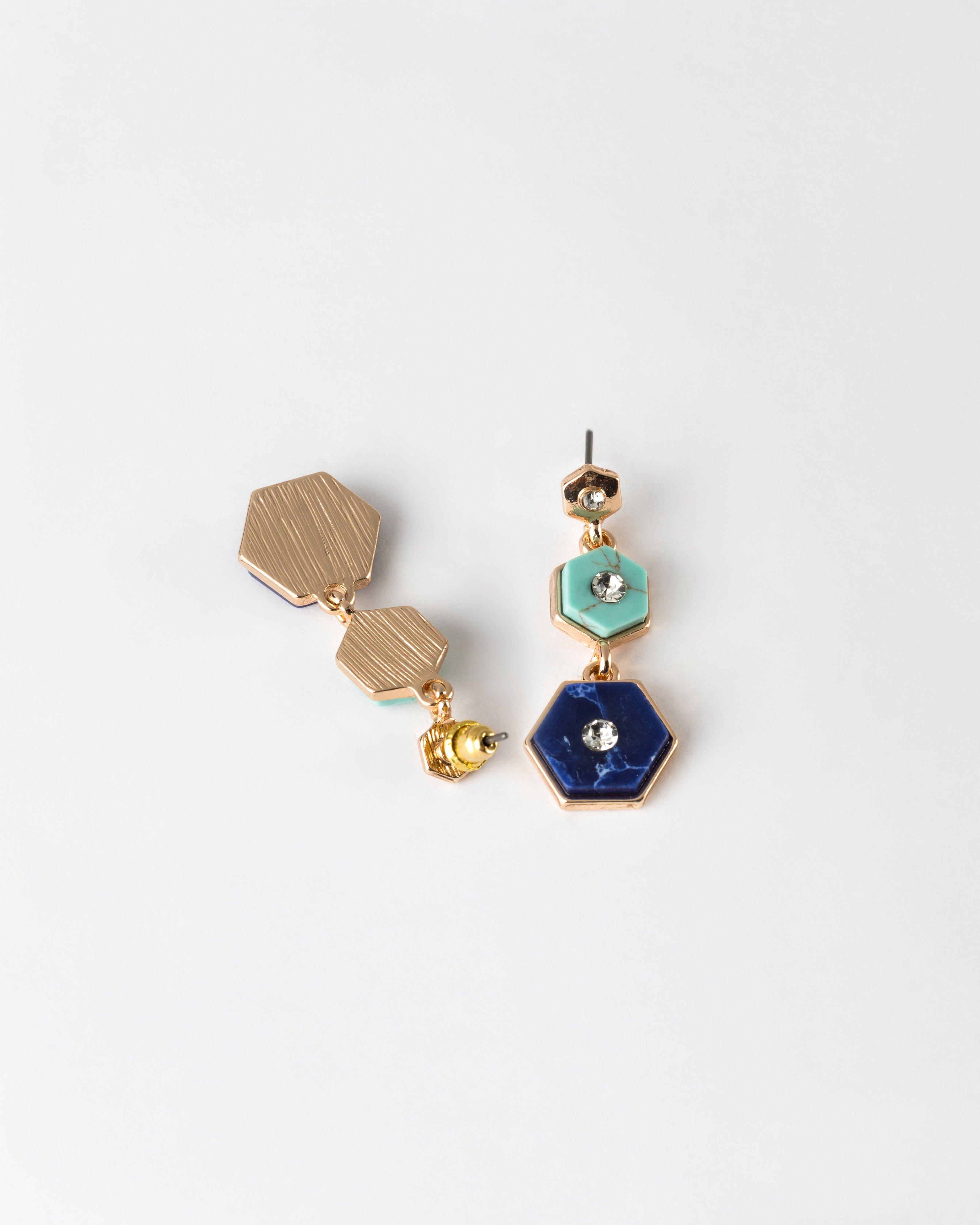 Triple Hexagon Stone Drop Earrings -  Blue