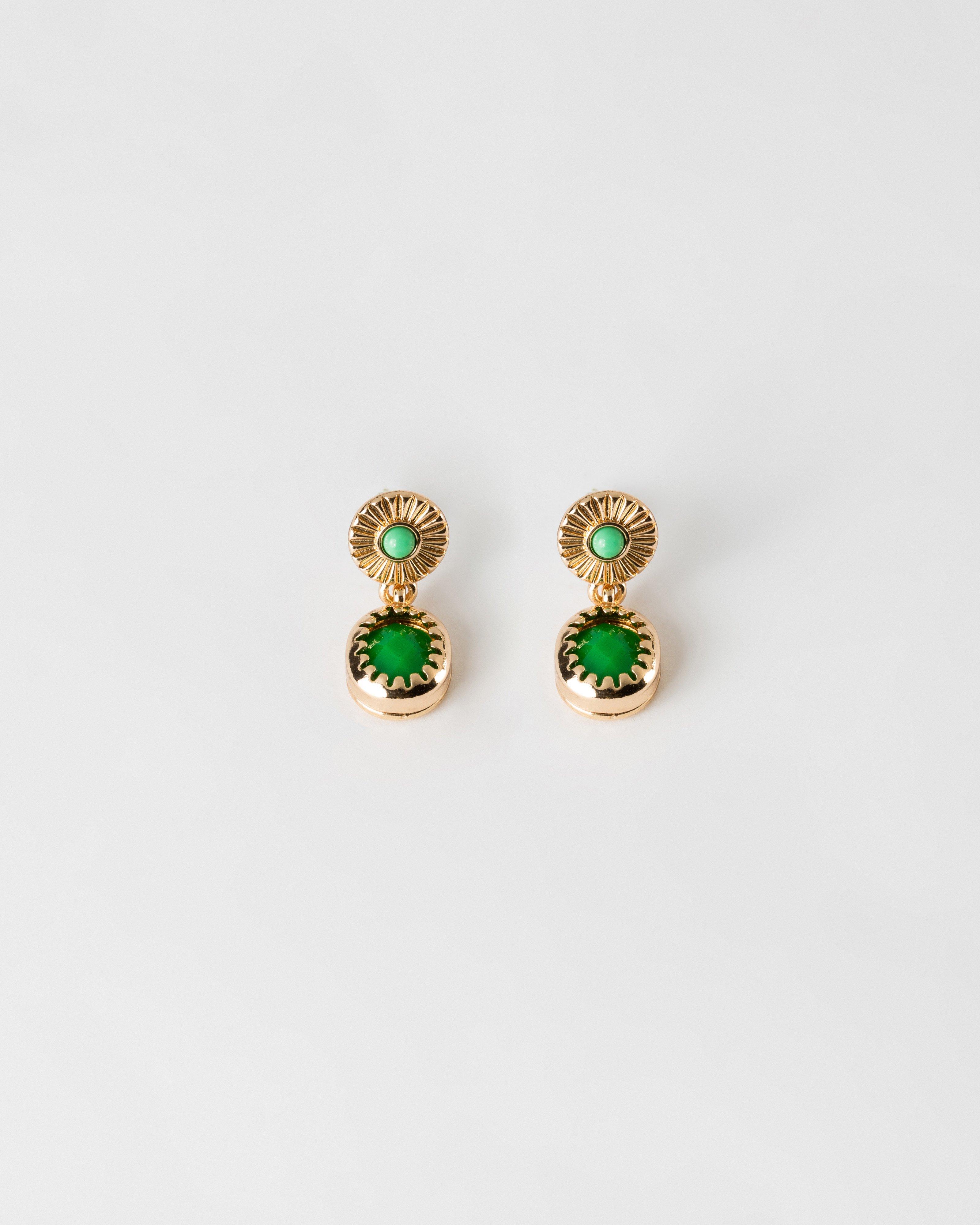 Flower Embossed Disk and Stone Drop Earrings -  Green