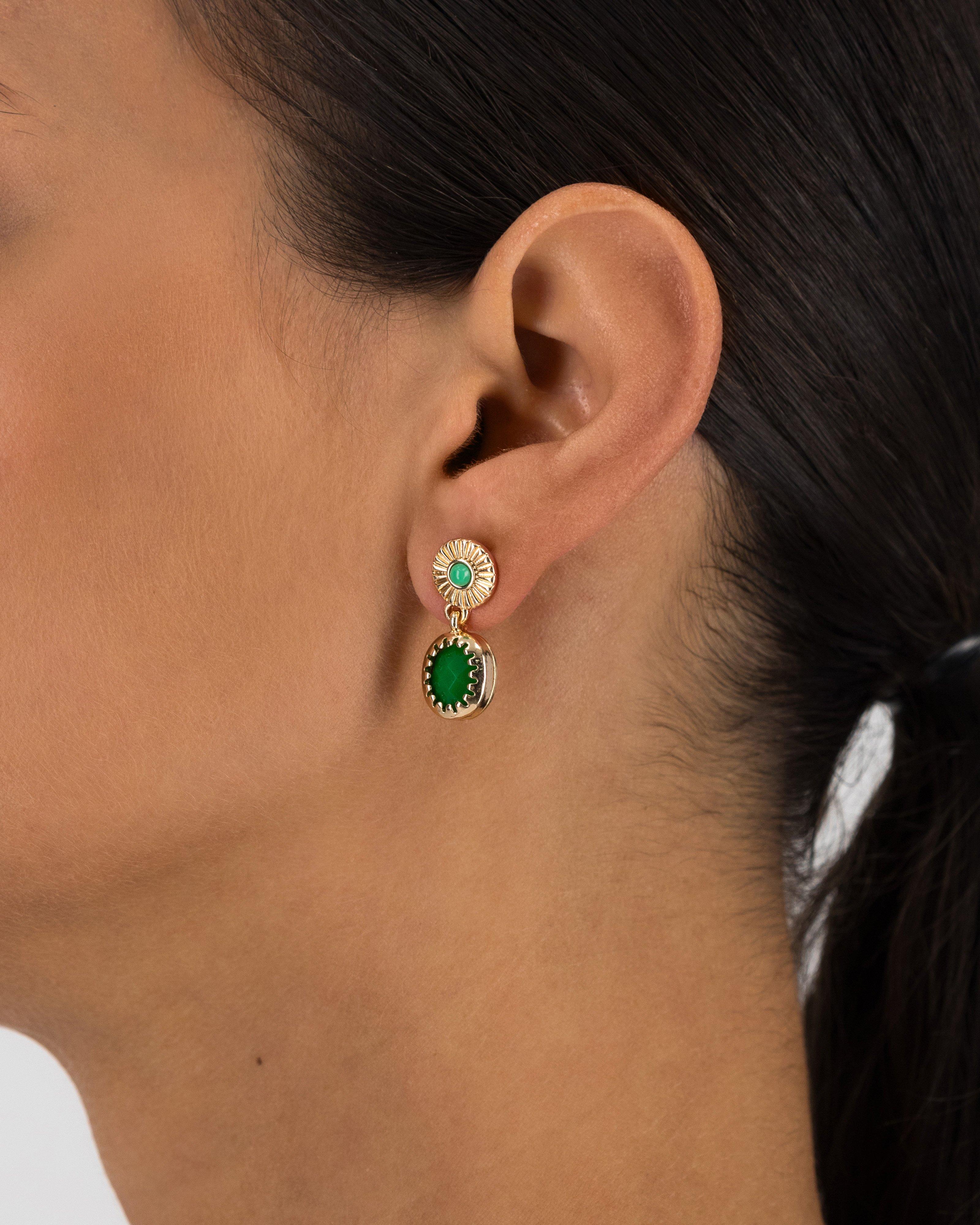 Flower Embossed Disk and Stone Drop Earrings -  Green