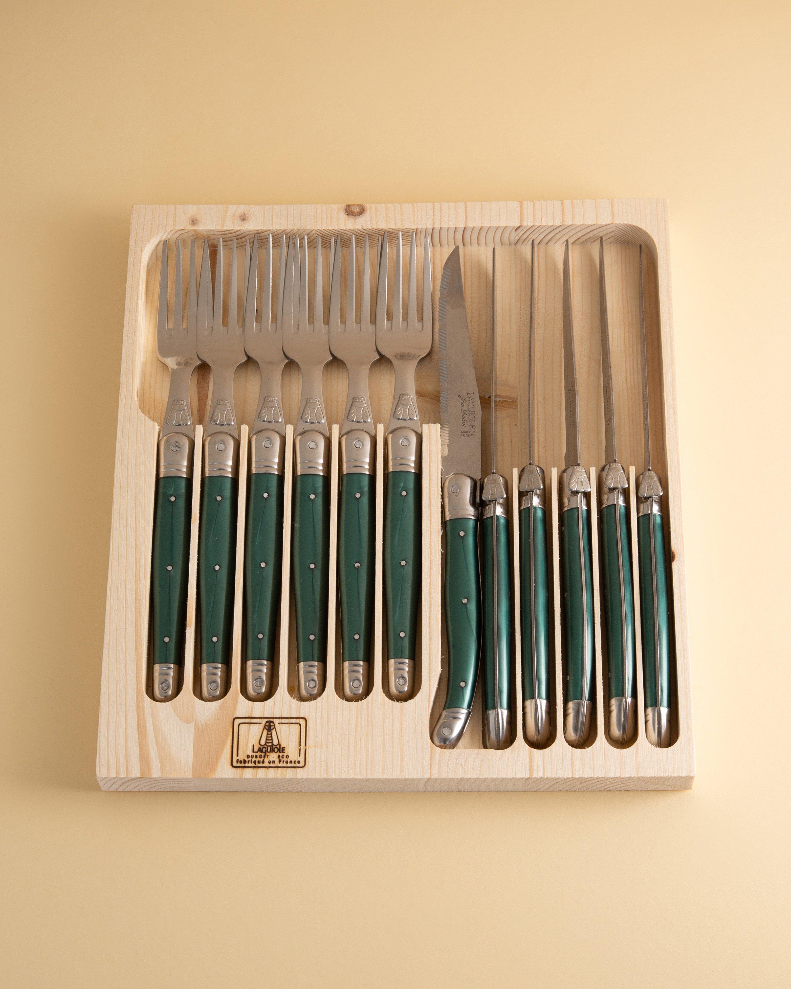 Laguiole Steak Knives and Fork Set -  Green