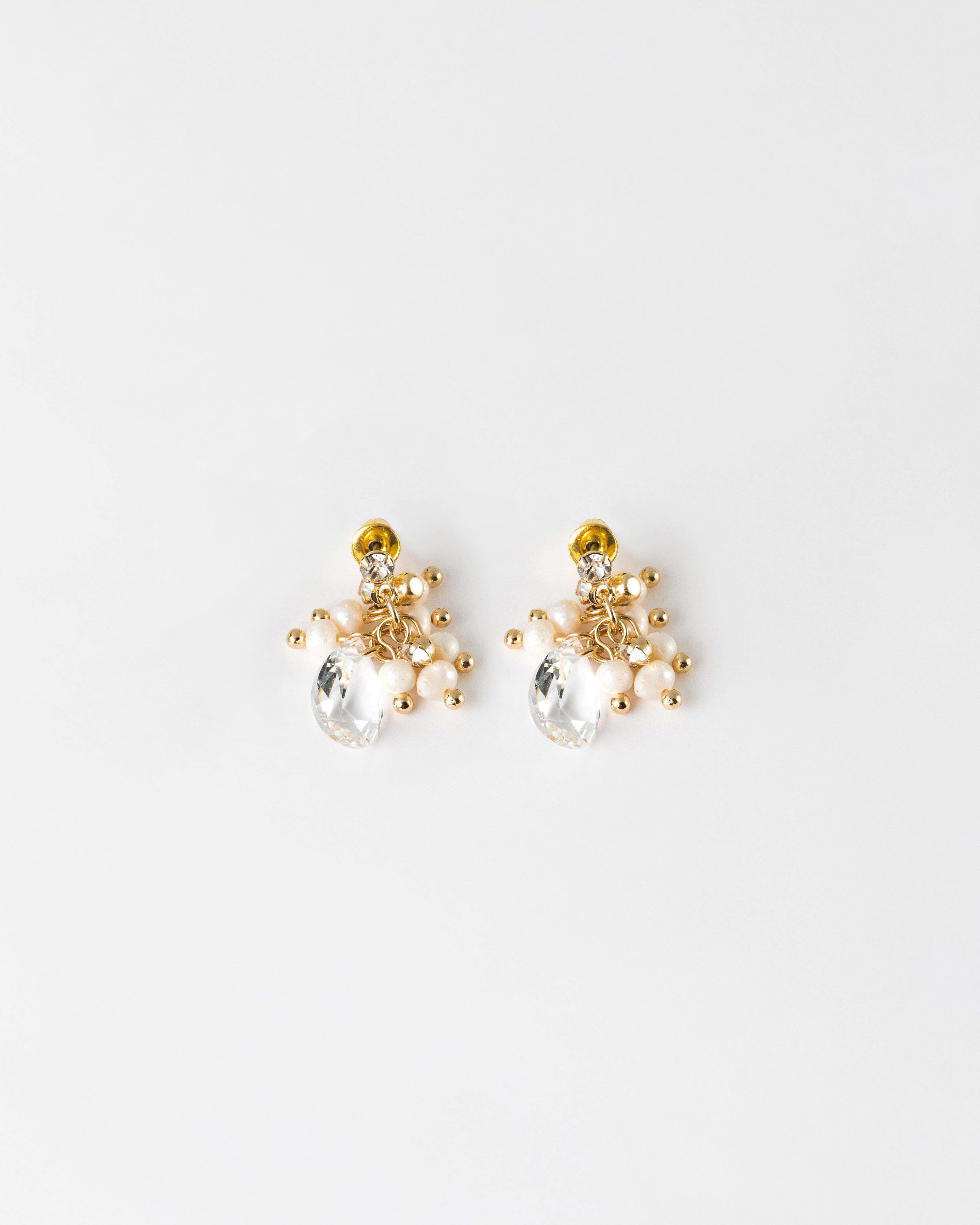 Pearl and Crystal Cluster Stud Earrings -  Gold