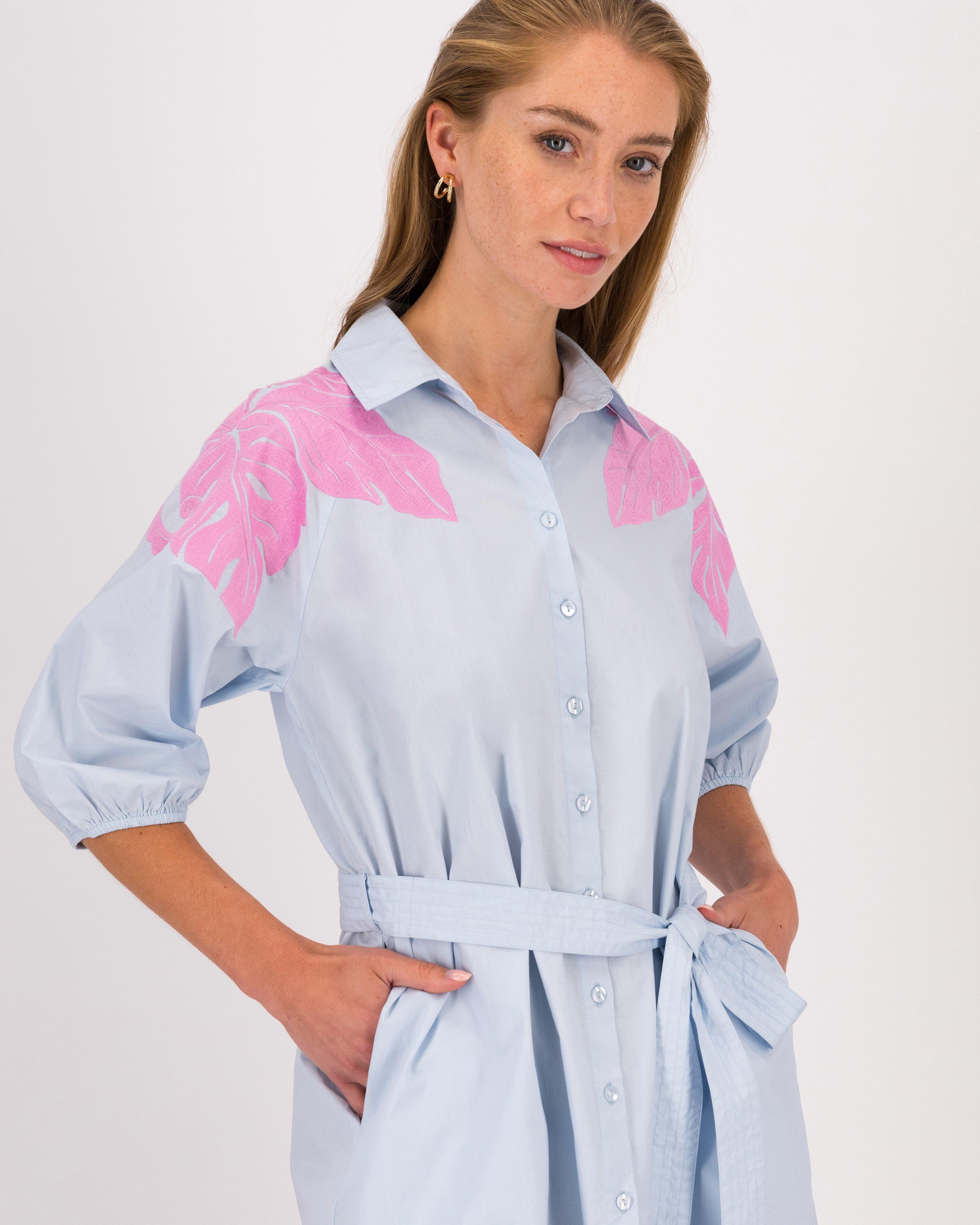 Addison Embroidered Shirt Dress -  Light Blue