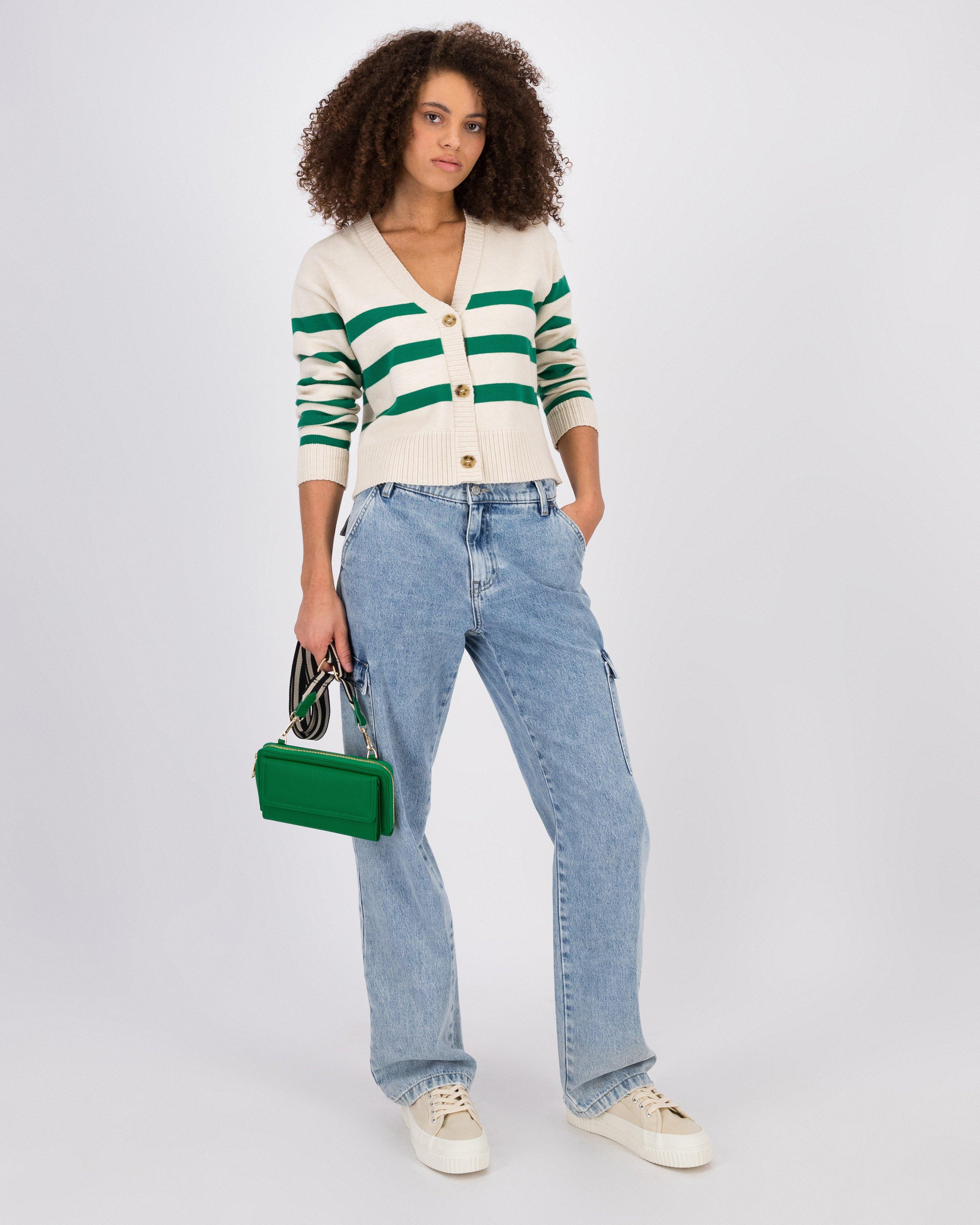 Tucked Away Checkered Stripe Knit Cardigan (Navy/Cream)
