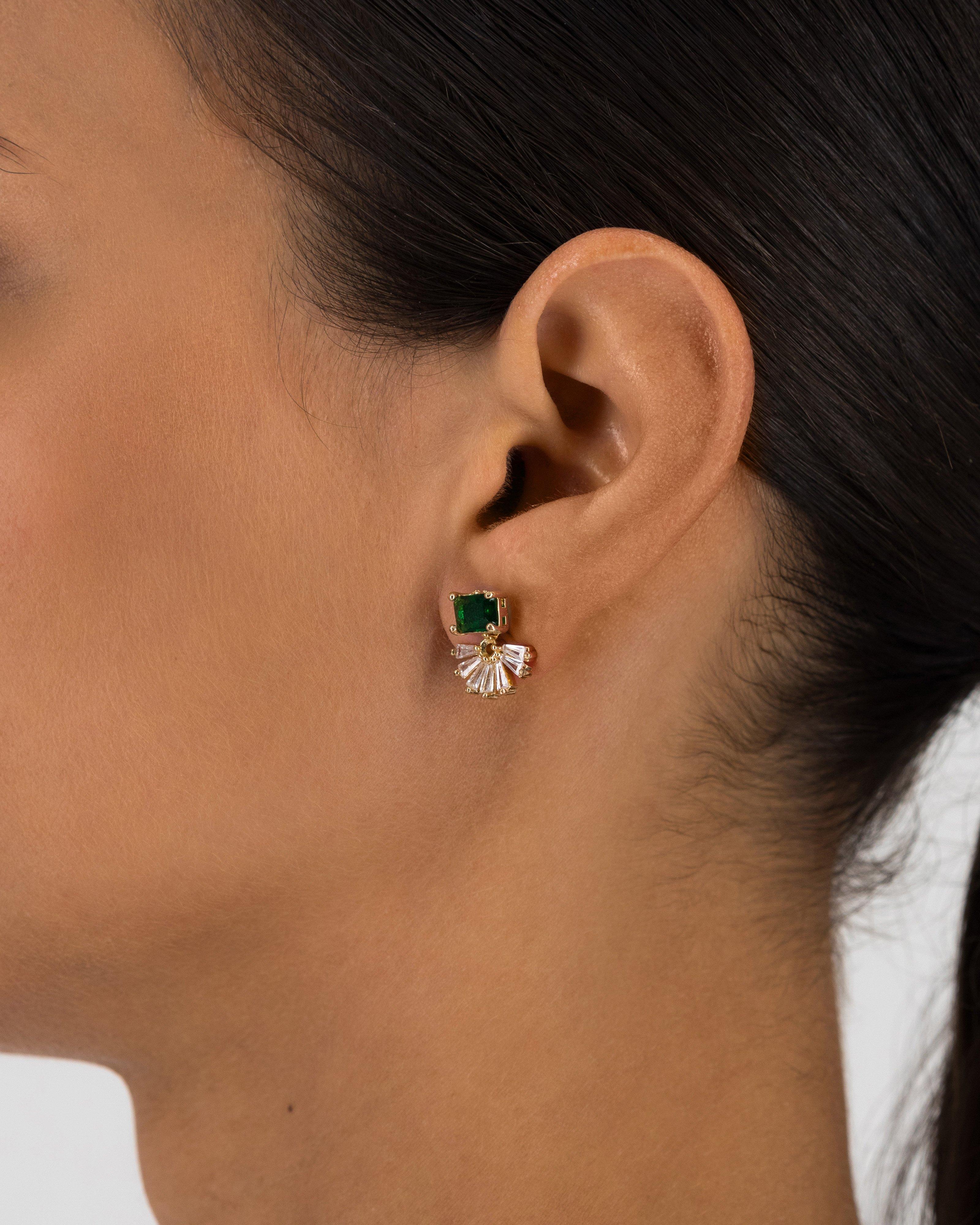 Half Fan and Stud Peekaboo Earrings -  Green