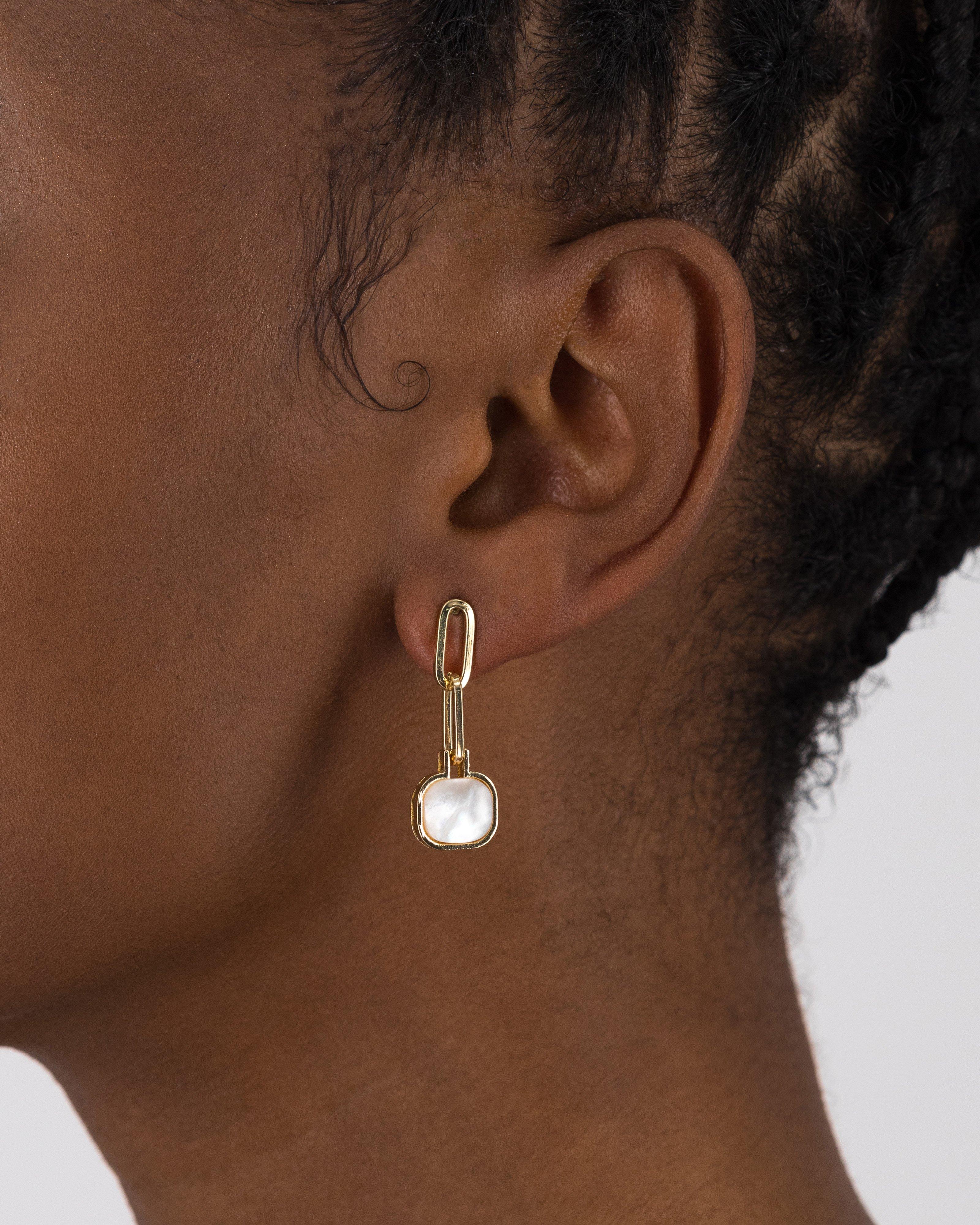 Double Link and Stone Drop Earring -  Gold