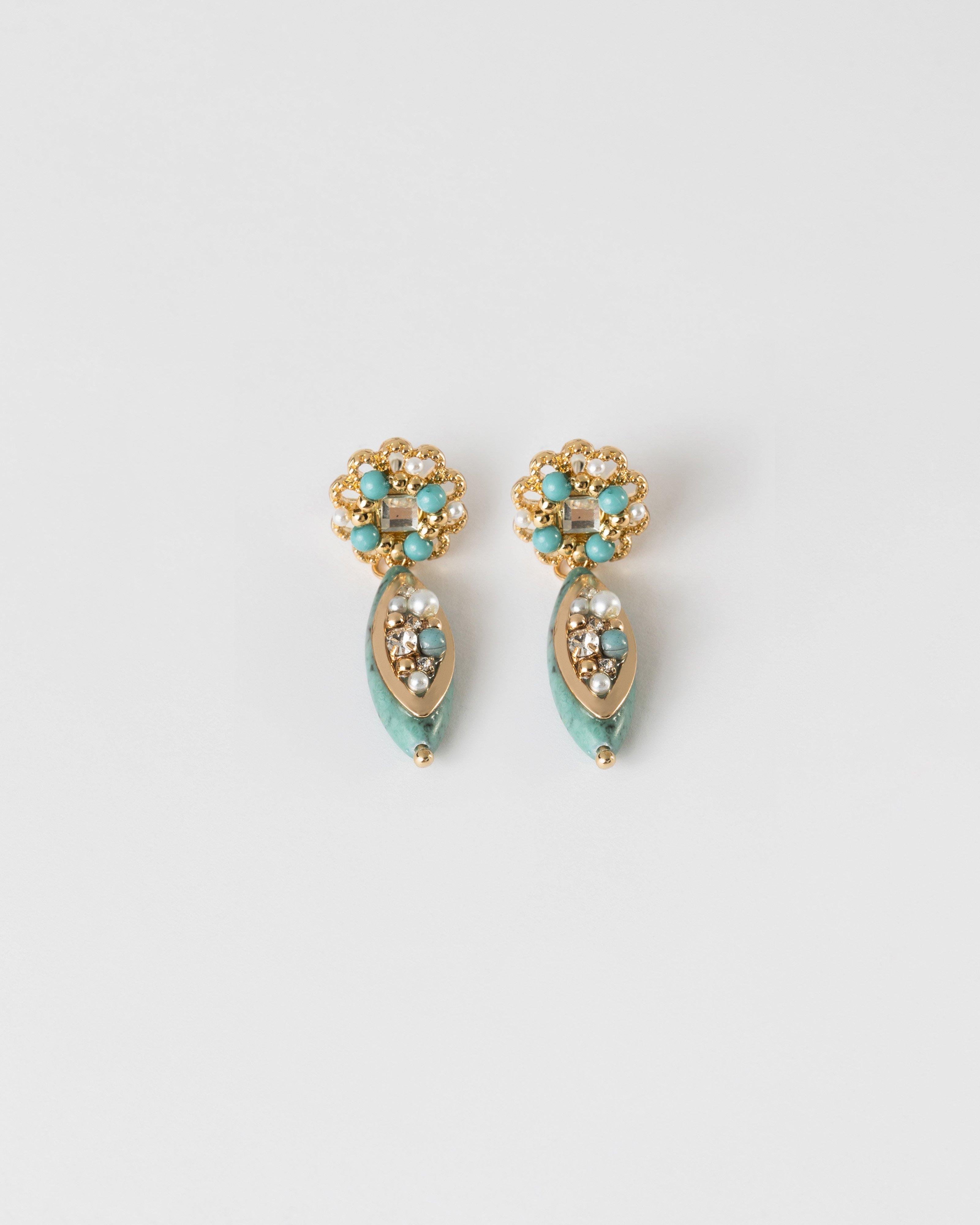 Marquise Stone Pearl and Bead Encrusted Drop Earrings -  Teal