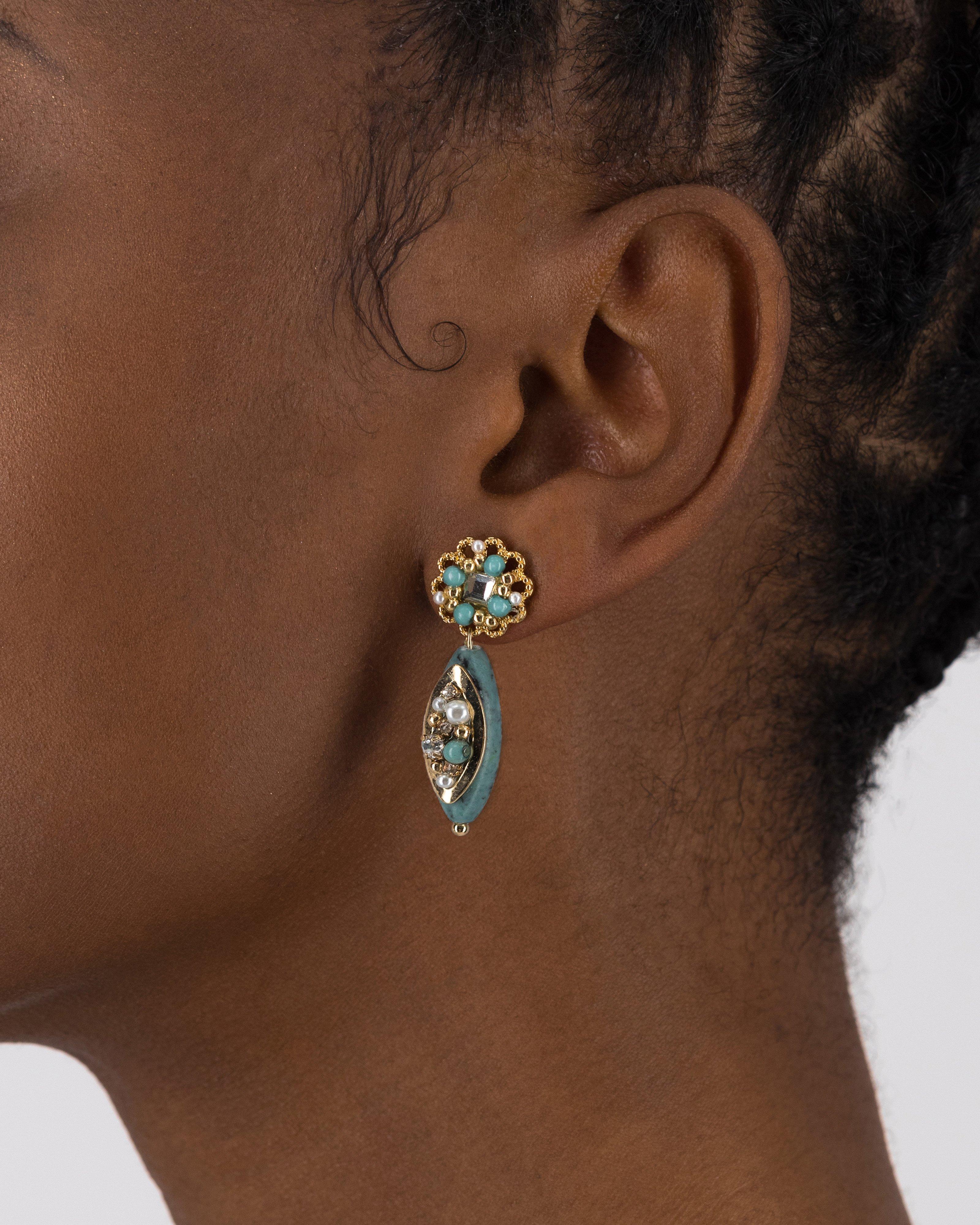 Marquise Stone Pearl and Bead Encrusted Drop Earrings -  Teal