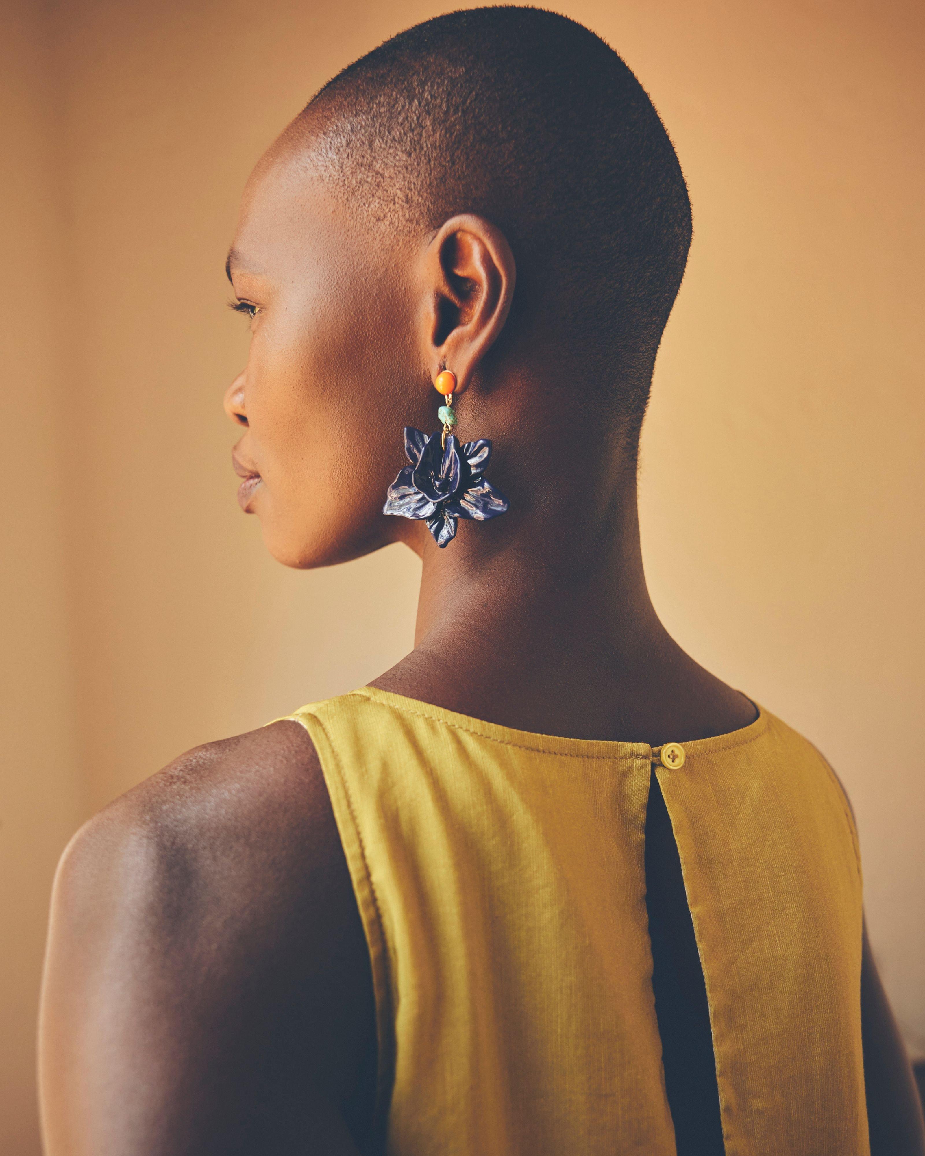 Flower and Shell Drop Earrings -  Blue