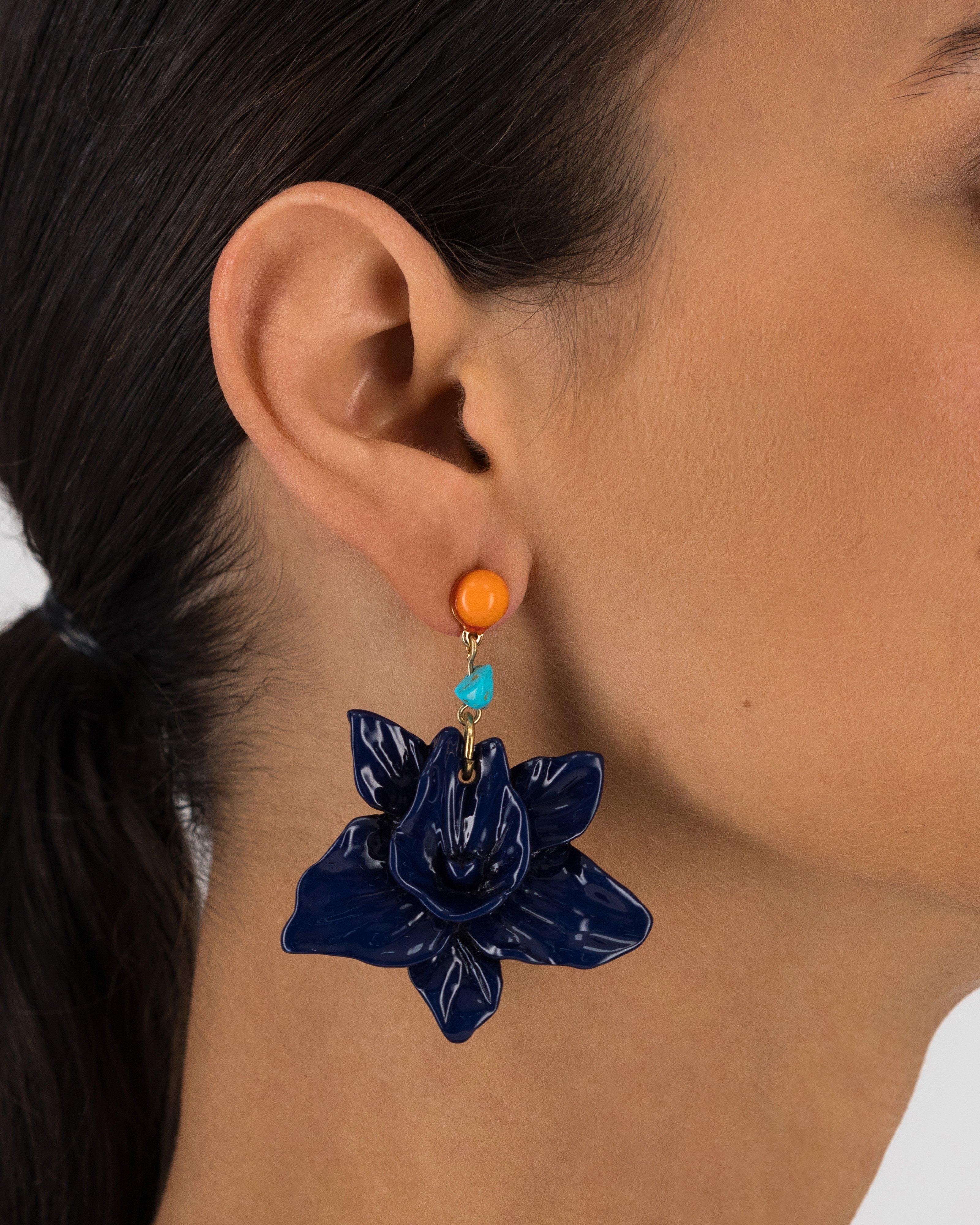 Flower and Shell Drop Earrings -  Blue