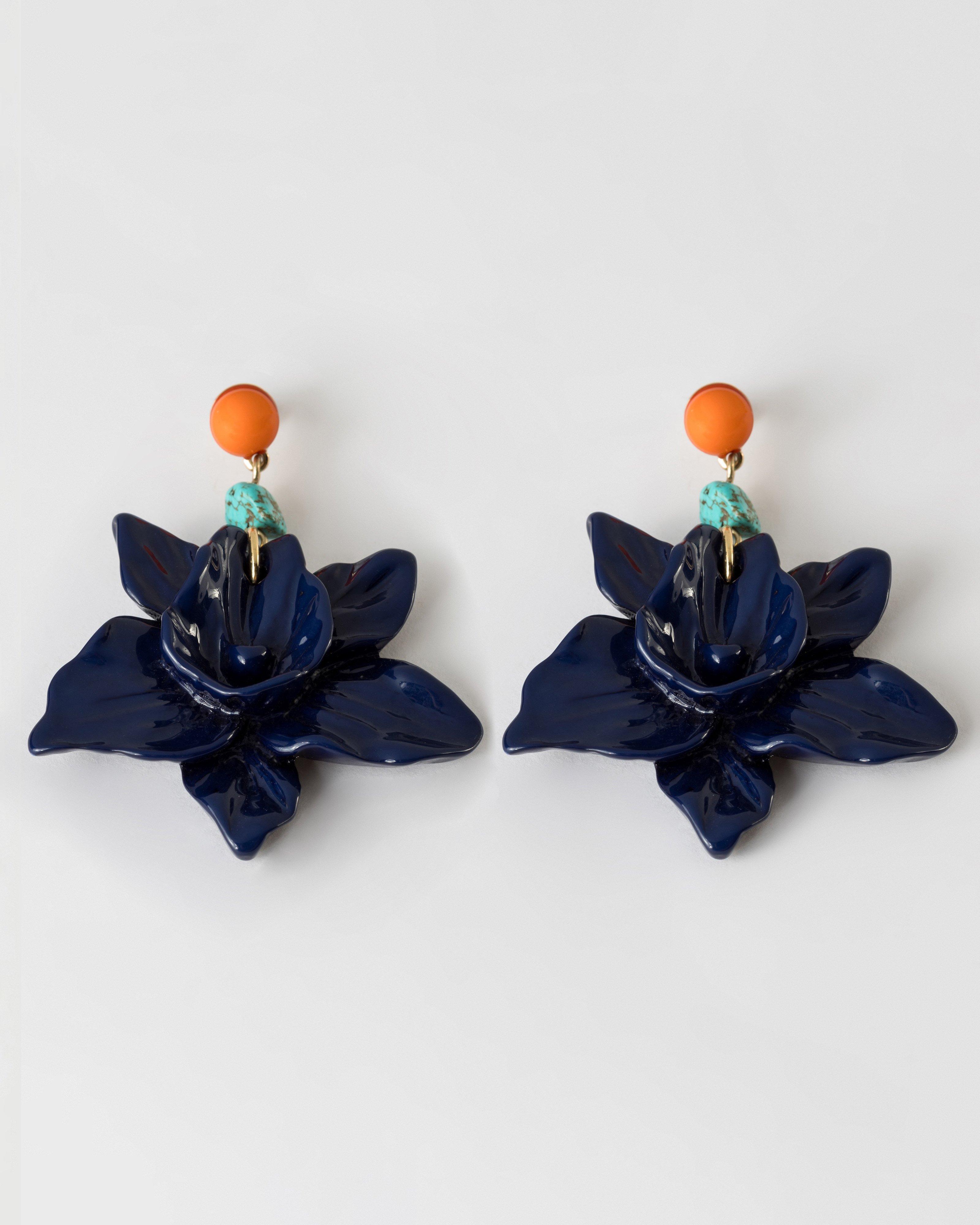 Flower and Shell Drop Earrings -  Blue