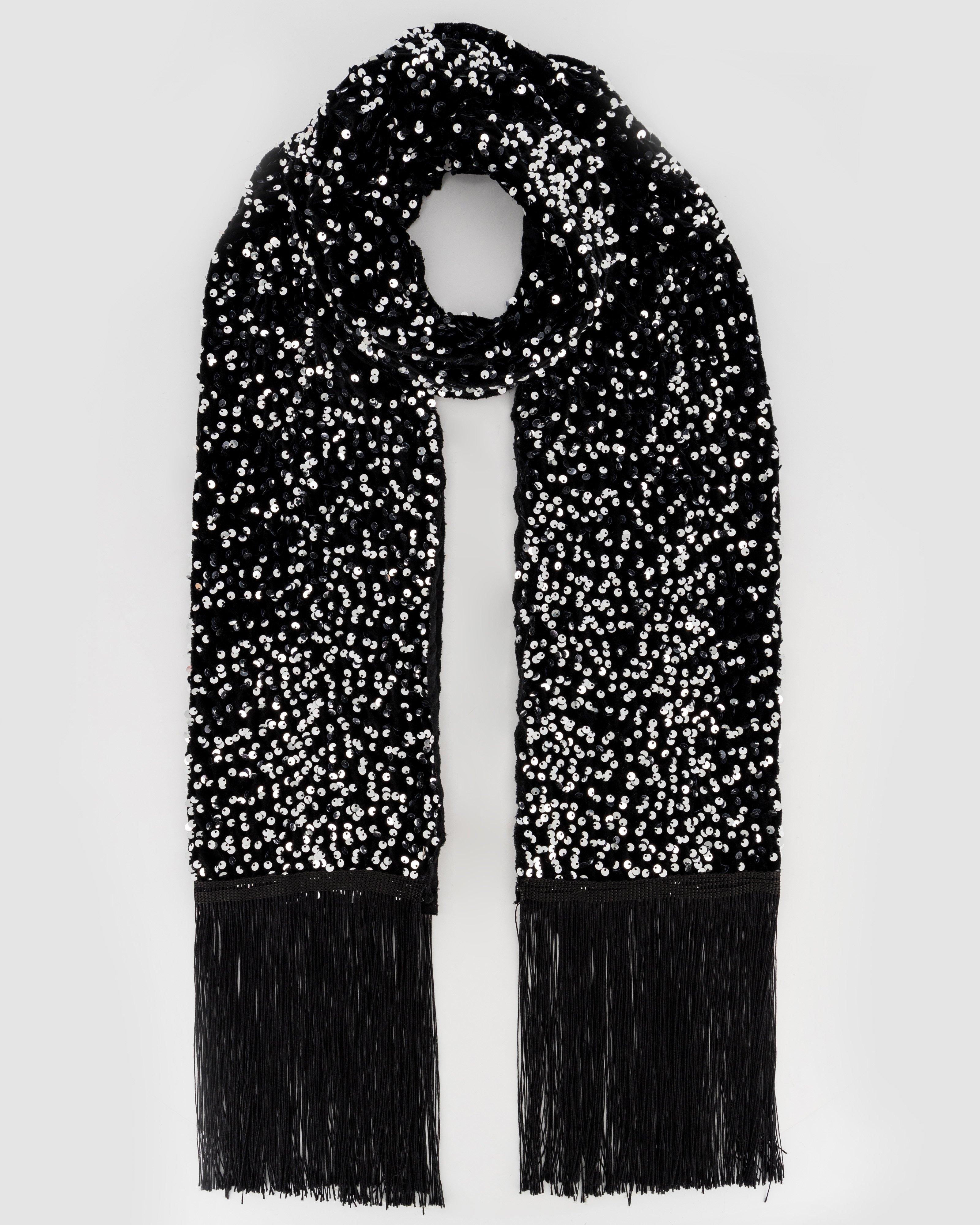 Kilani Sequin and Tasseled Scarf -  Black