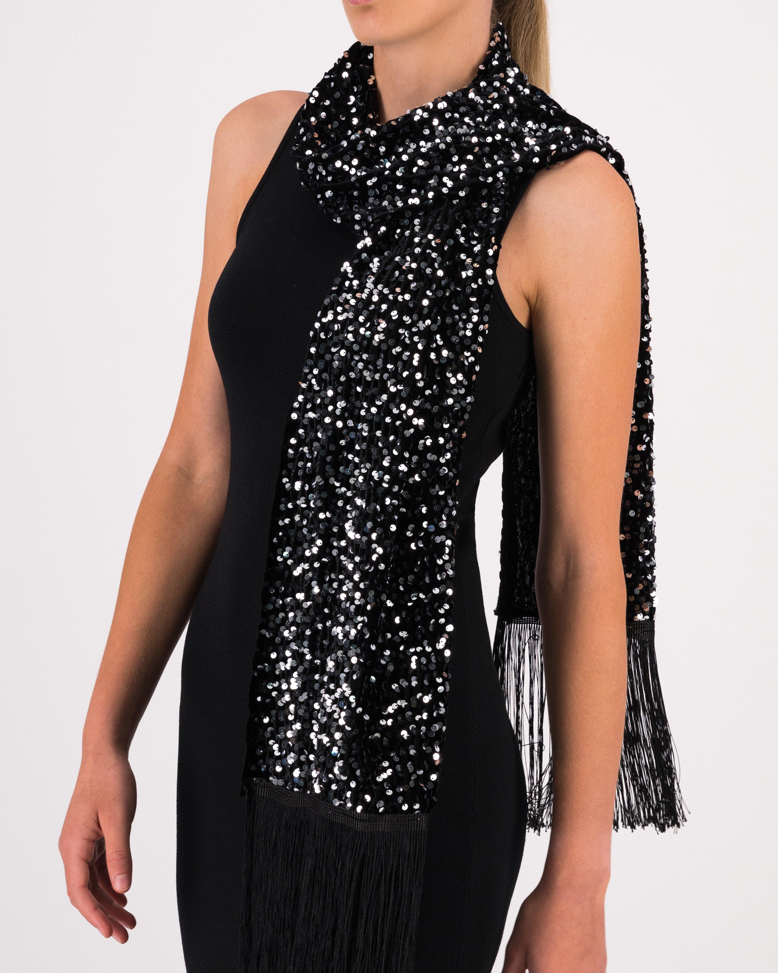 Kilani Sequin and Tasseled Scarf -  Black