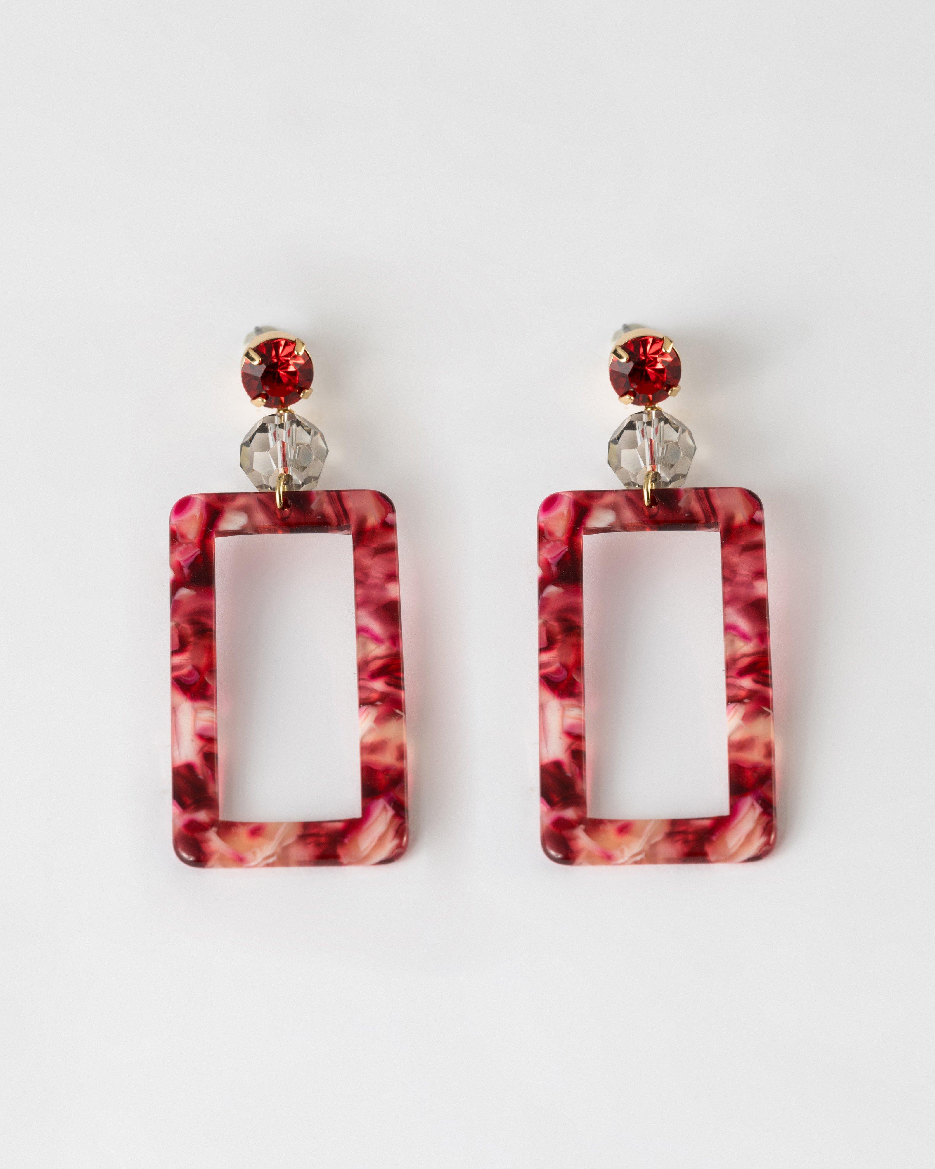 Three Tier Stone and Square Resin Drop Earrings -  Red