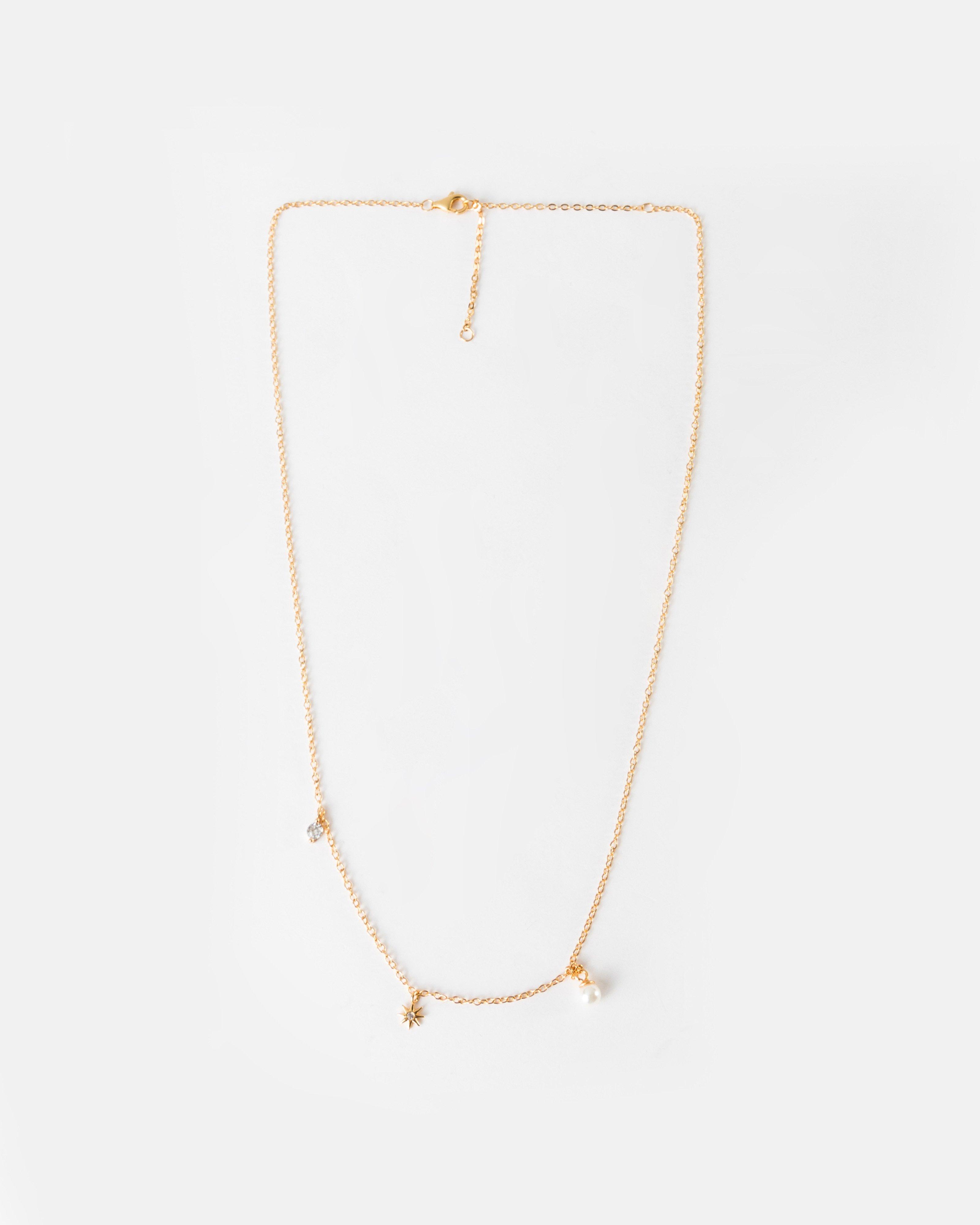 Sterling Silver Pearl and Charm Necklace -  Gold