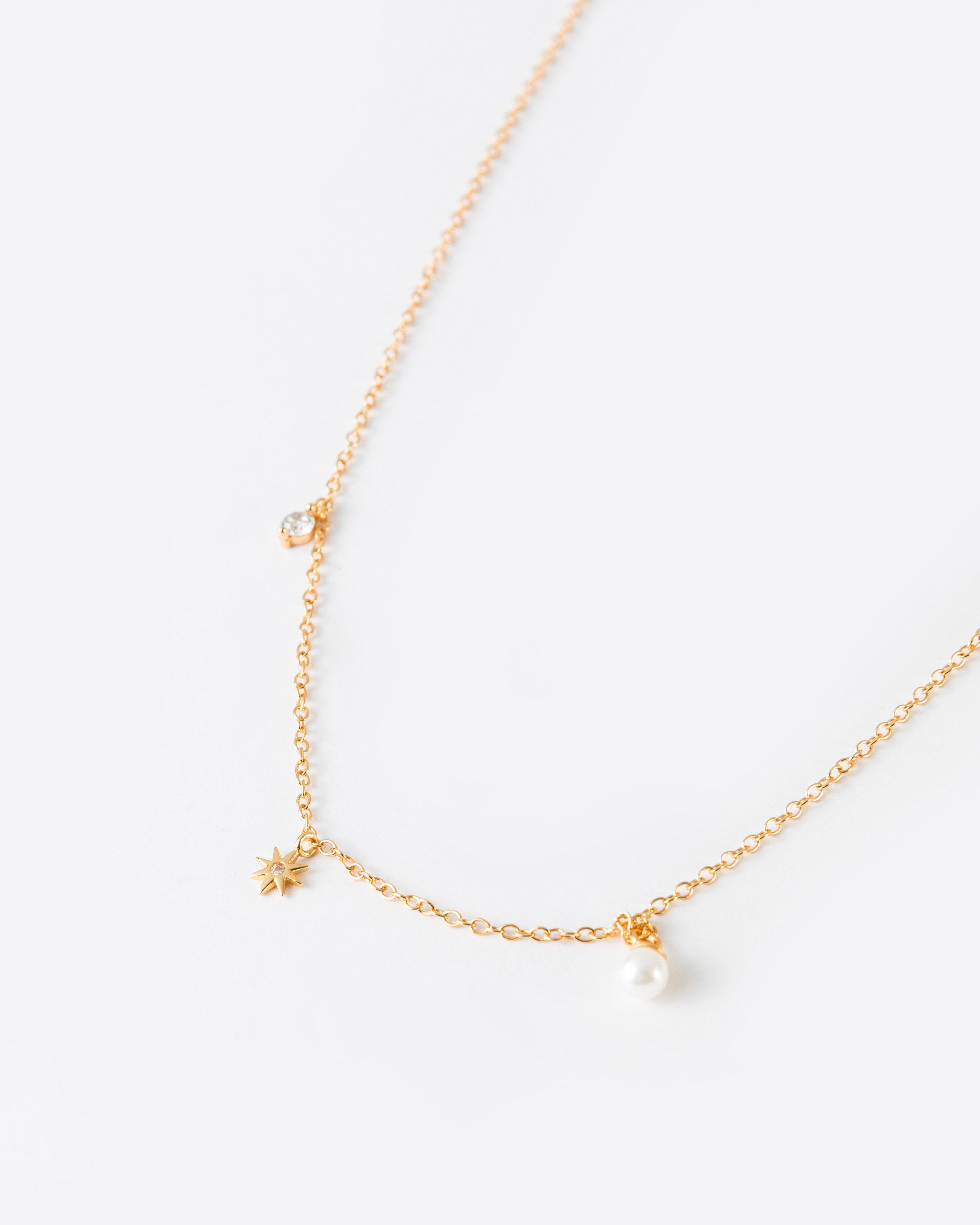 Sterling Silver Pearl and Charm Necklace -  Gold