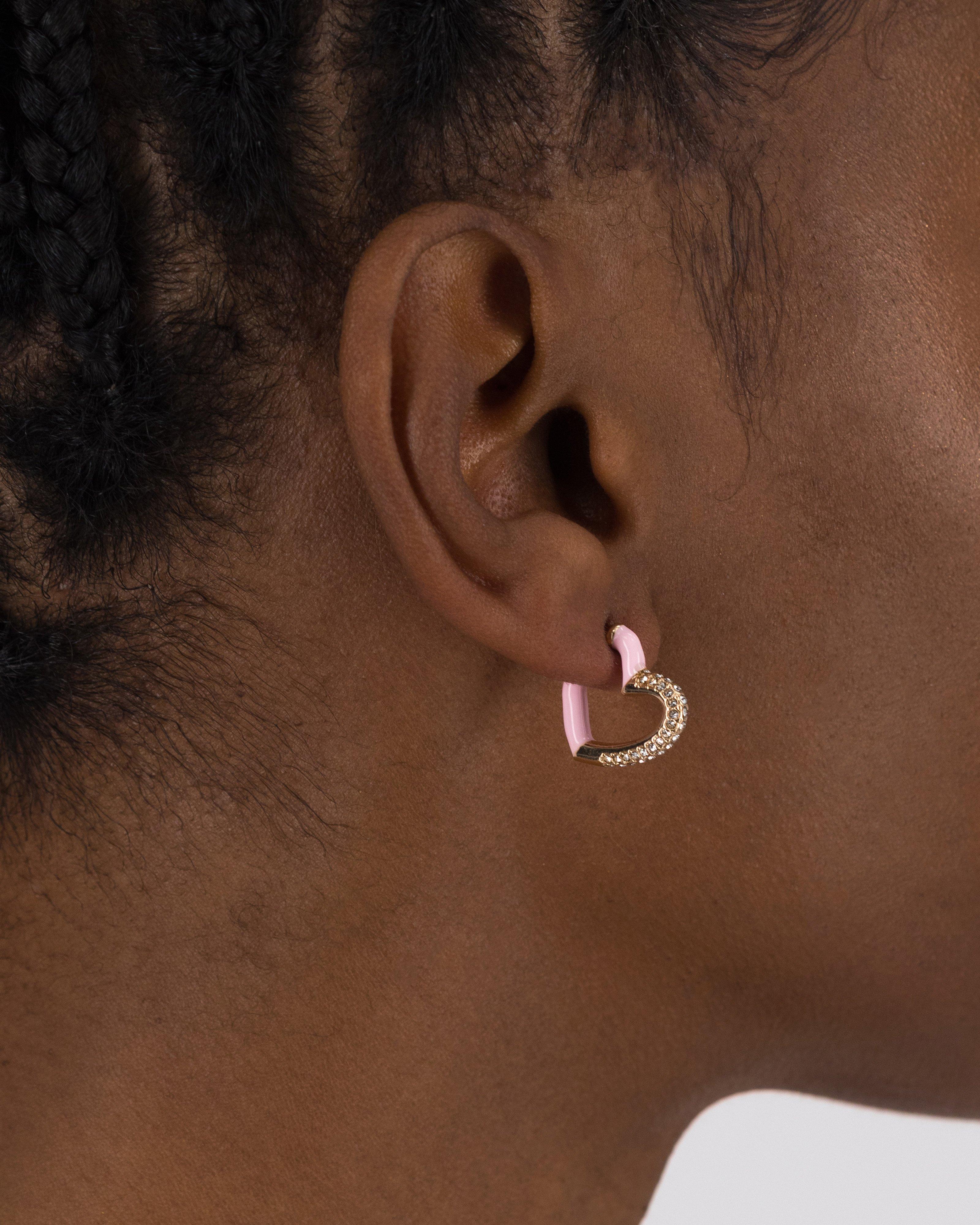 Epoxy and Stone Heart Hoop Earrings -  Pink