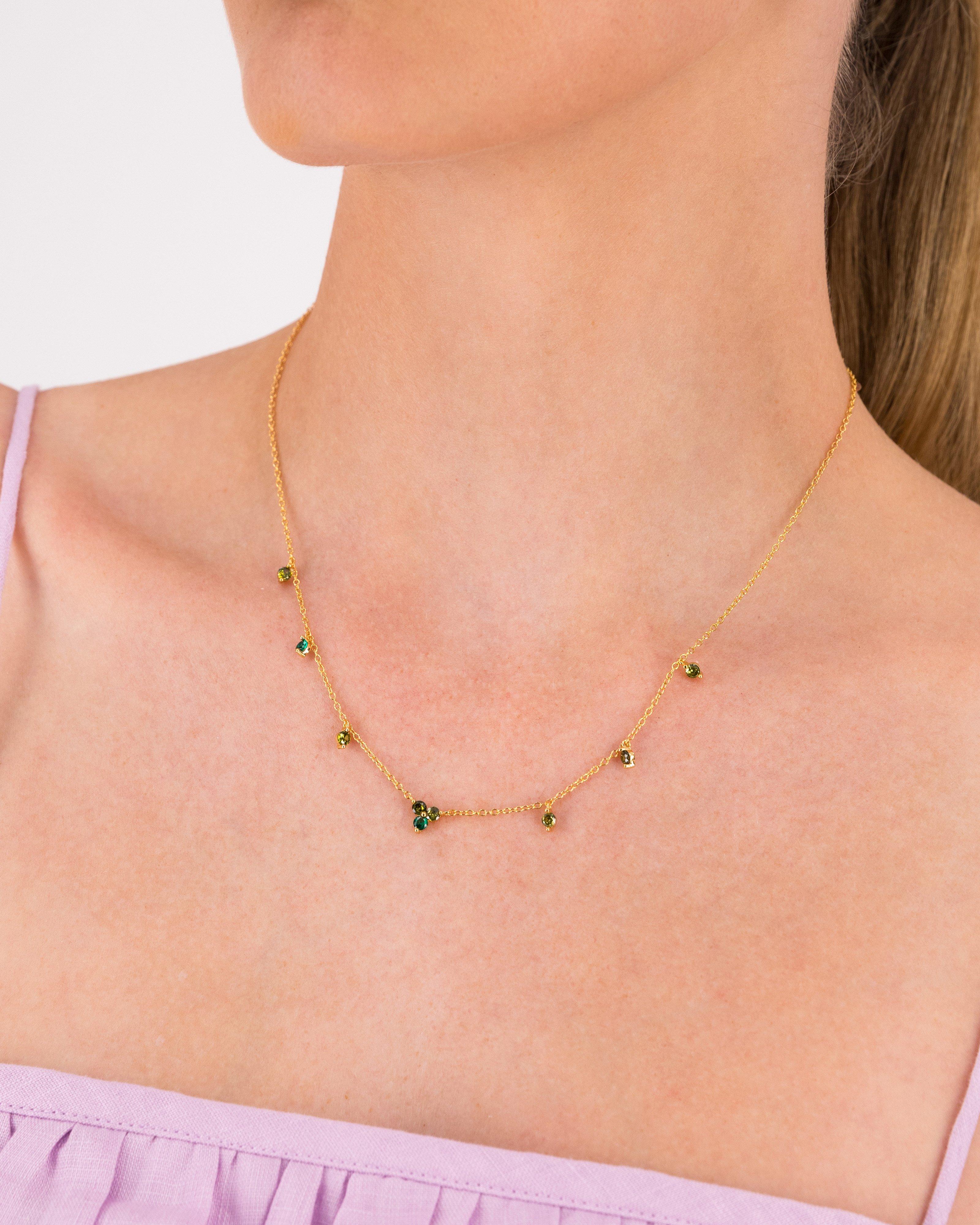 Sterling Silver Satellite Stone Choker Necklace -  Green