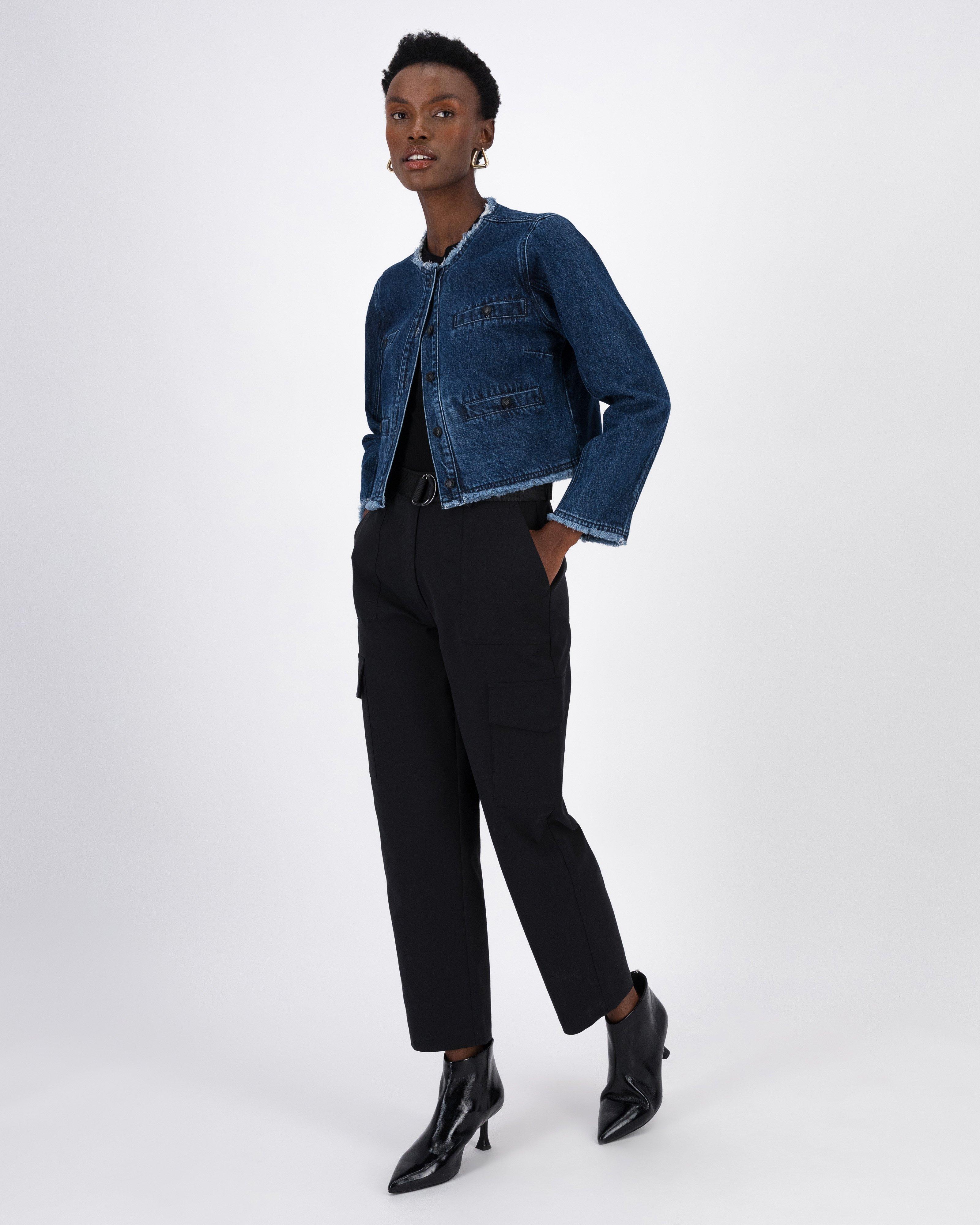 Gretchen Raw Edge Collarless Denim Jacket -  Blue