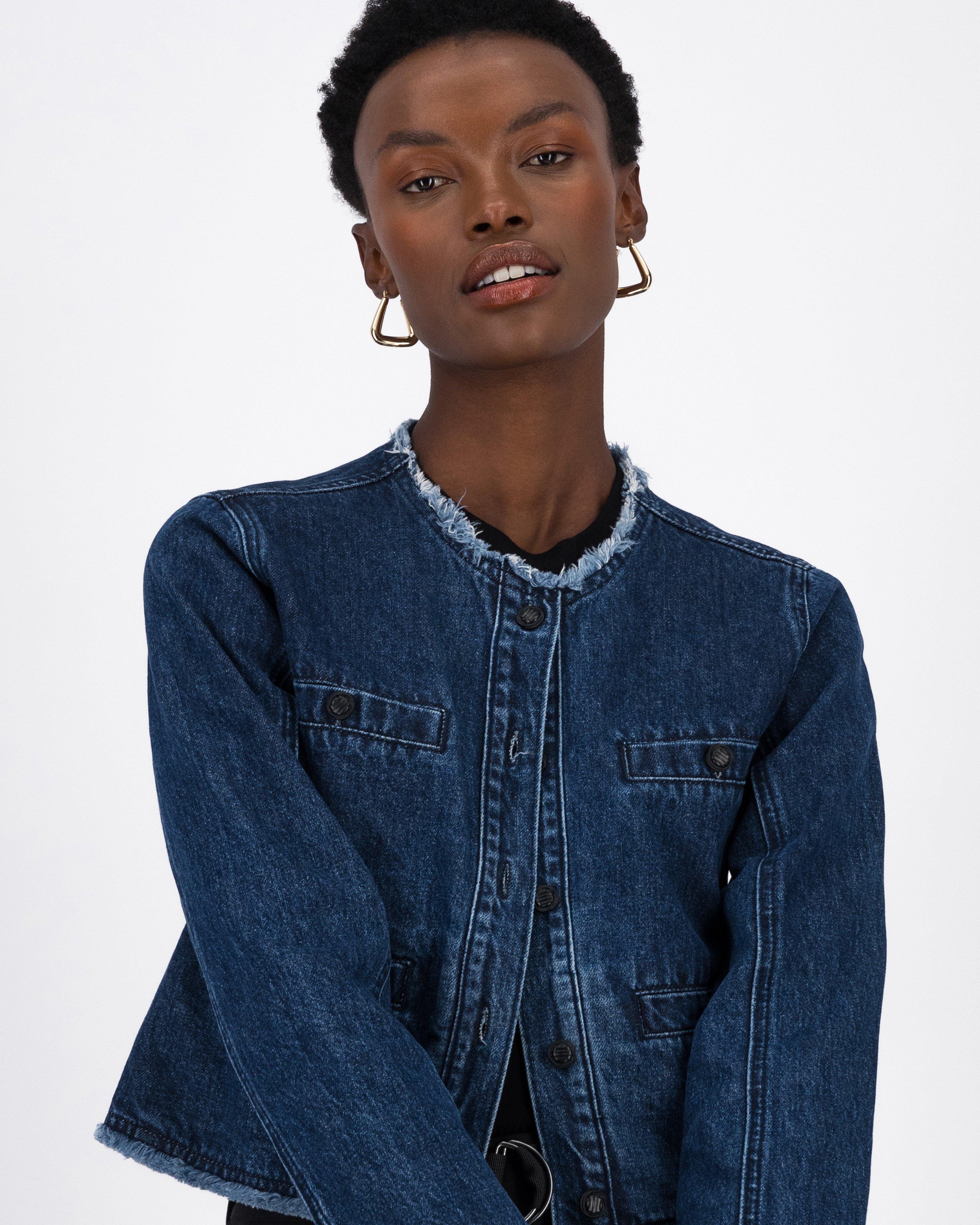 Gretchen Raw Edge Collarless Denim Jacket -  Blue