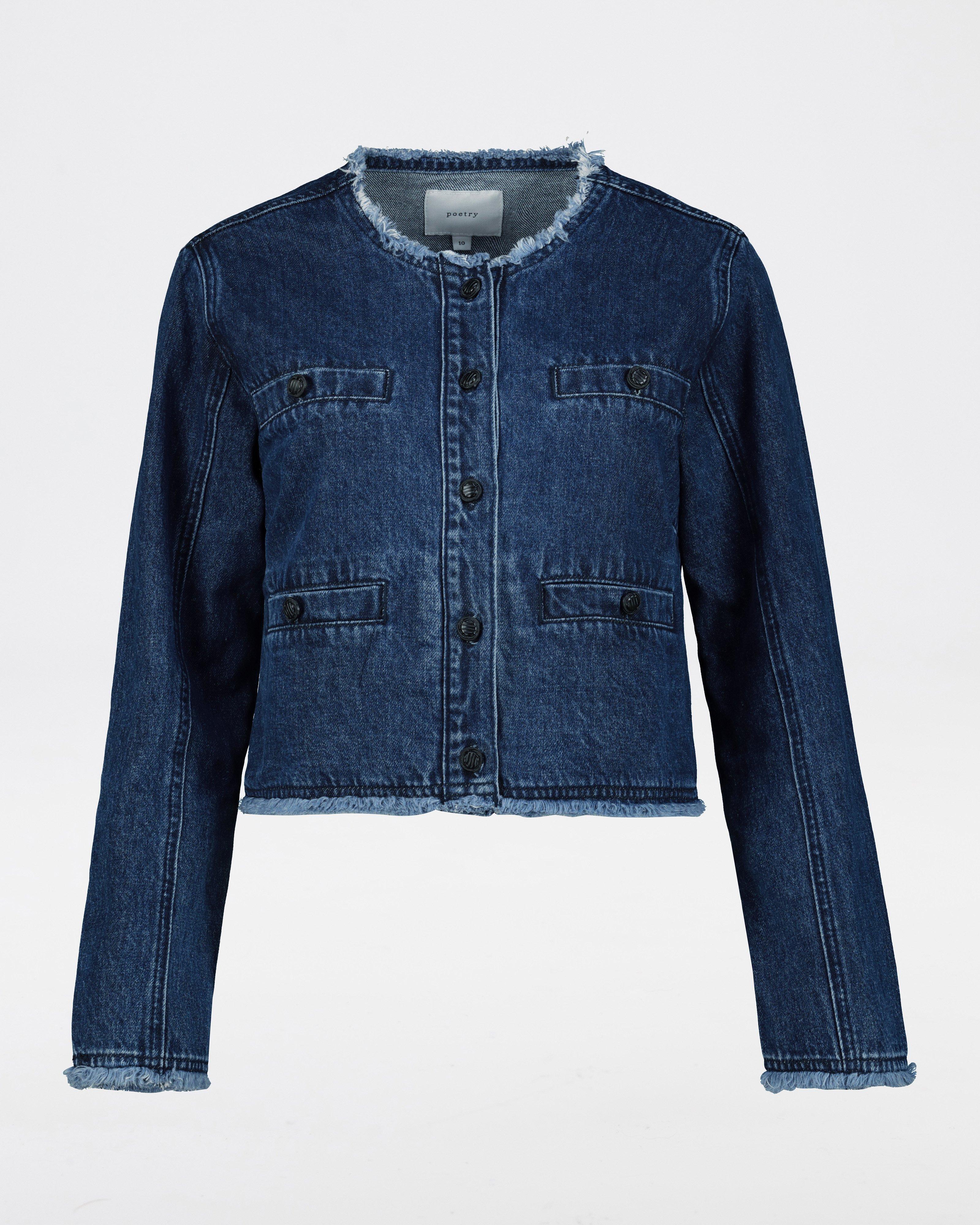 Gretchen Raw Edge Collarless Denim Jacket -  Blue