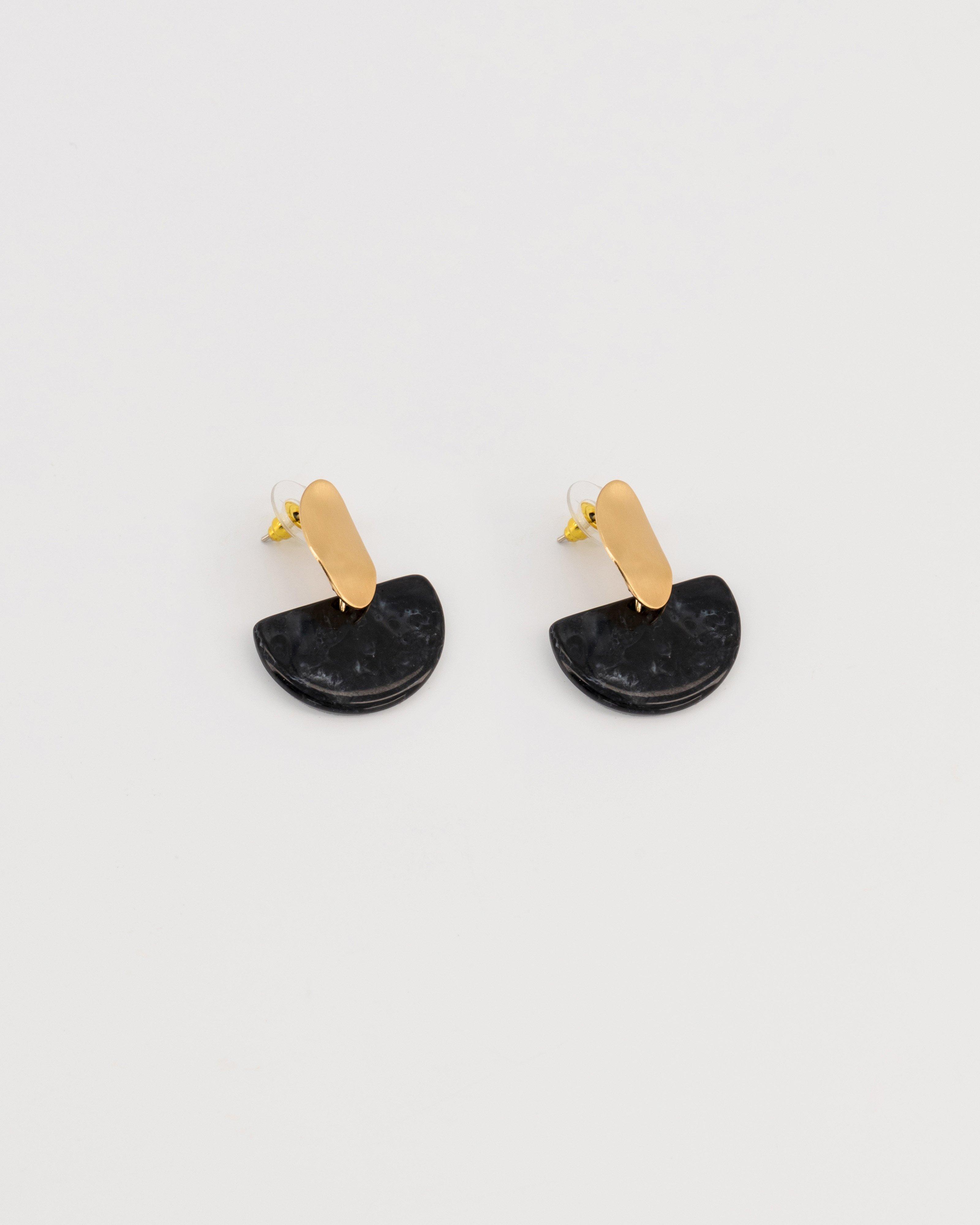 Oval Disk and Half Moon Resin Double Drop Earrings -  Black