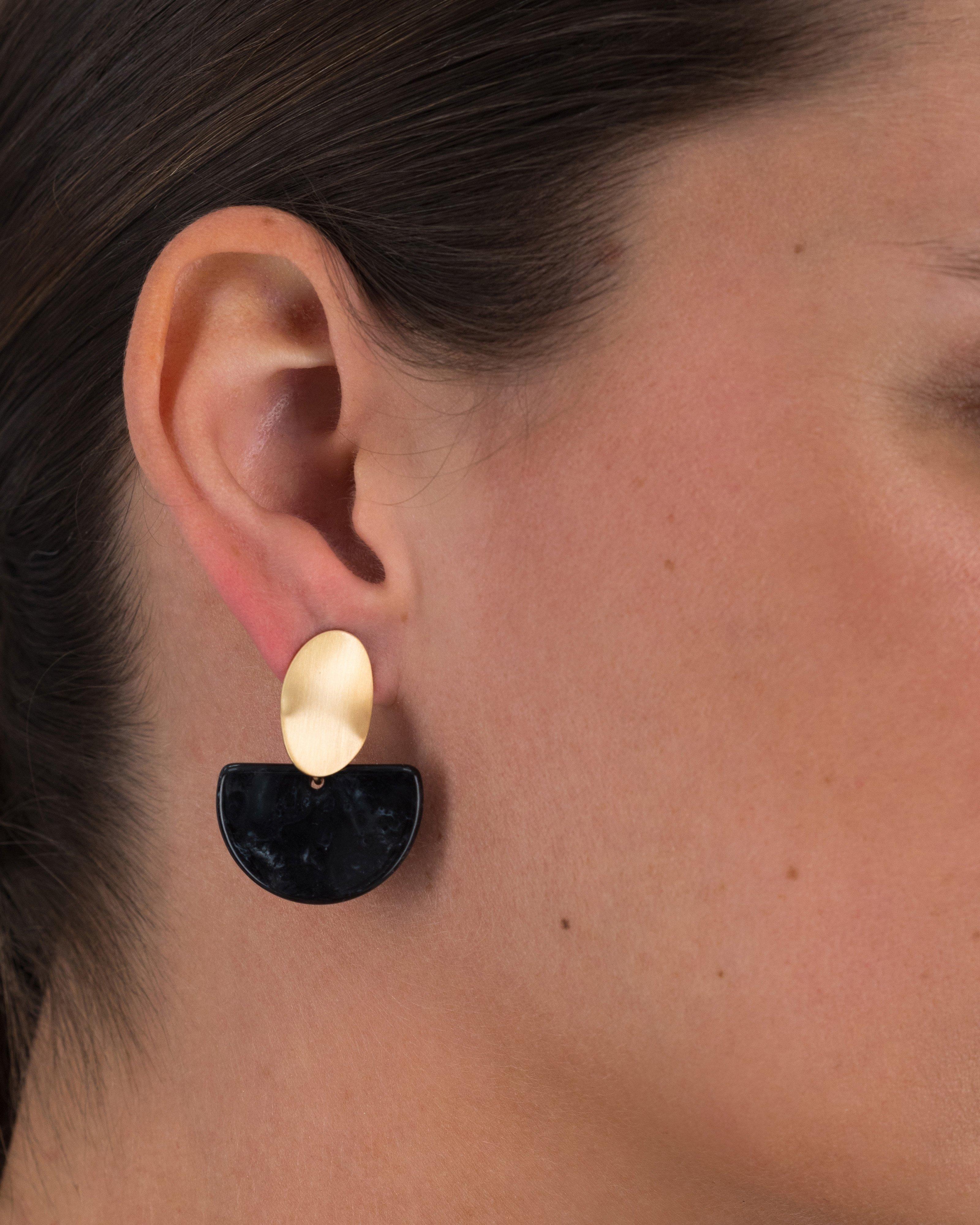 Oval Disk and Half Moon Resin Double Drop Earrings -  Black